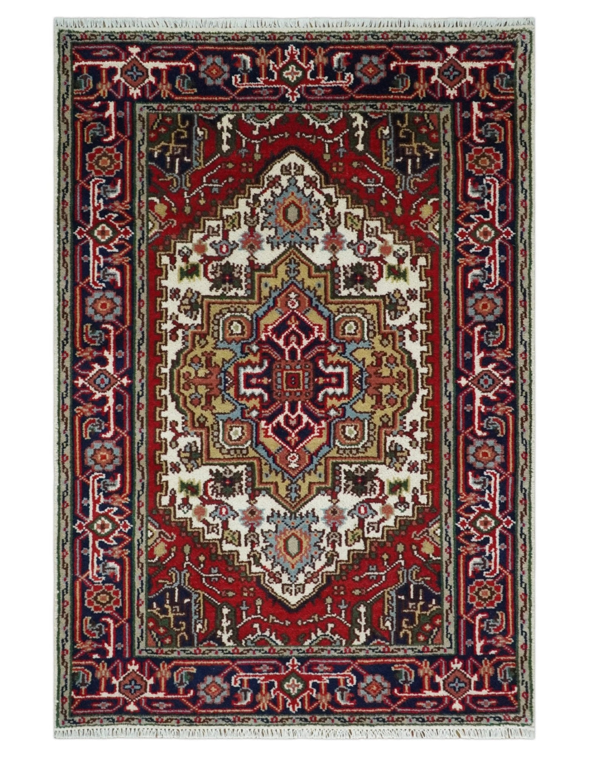 Hand Knotted Ivory, Brown and Blue 4x6 Traditional Antique Style Wool Area Rug