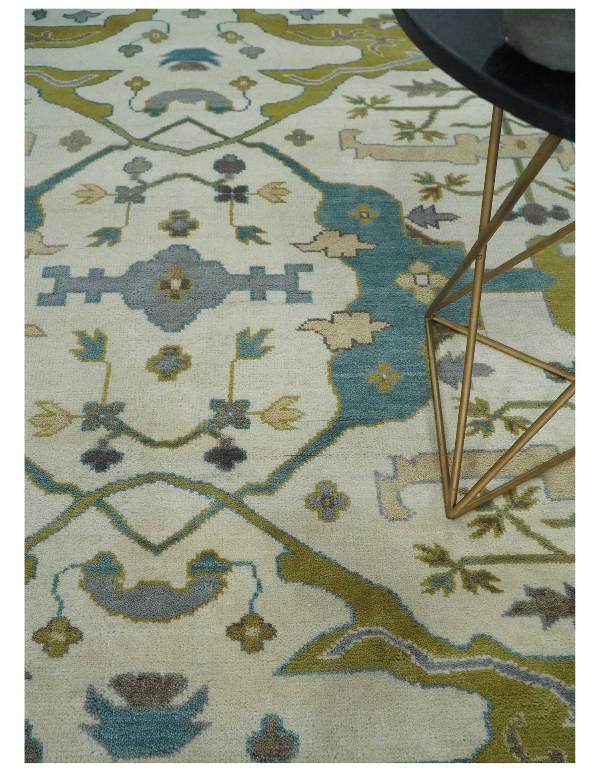 Hand Knotted Ivory, Teal and Olive Oriental Oushak 9x12 Wool Area Rug