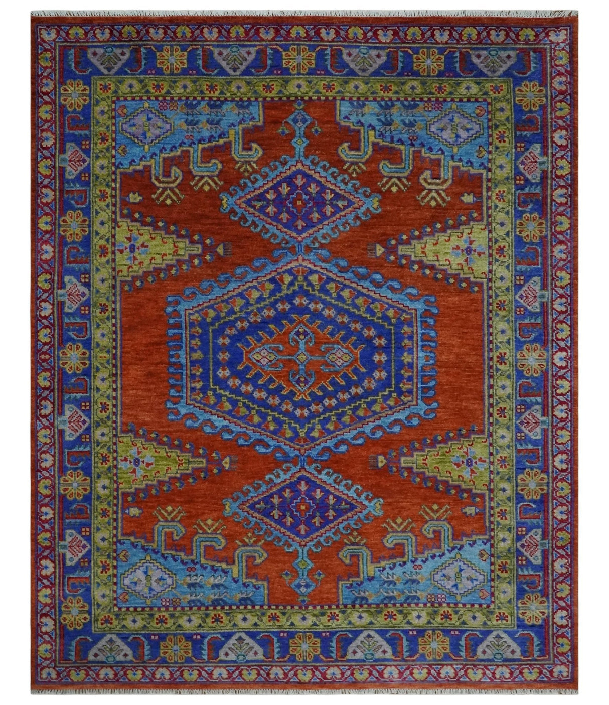Hand Knotted Rust, Blue and Olive Traditional 8x10 Antique Style Wool Area Rug