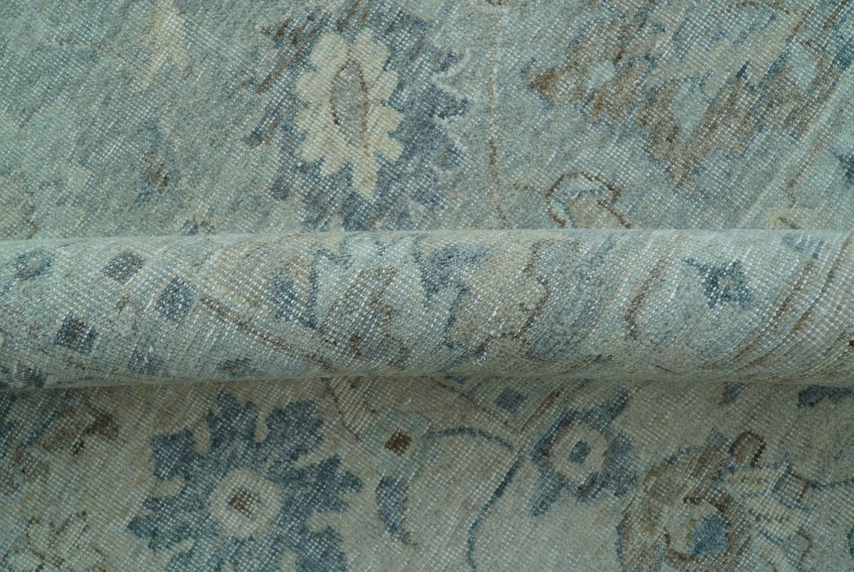 Hand Knotted Silver And Blue Traditional Distressed 10x14 Wool Area Rug