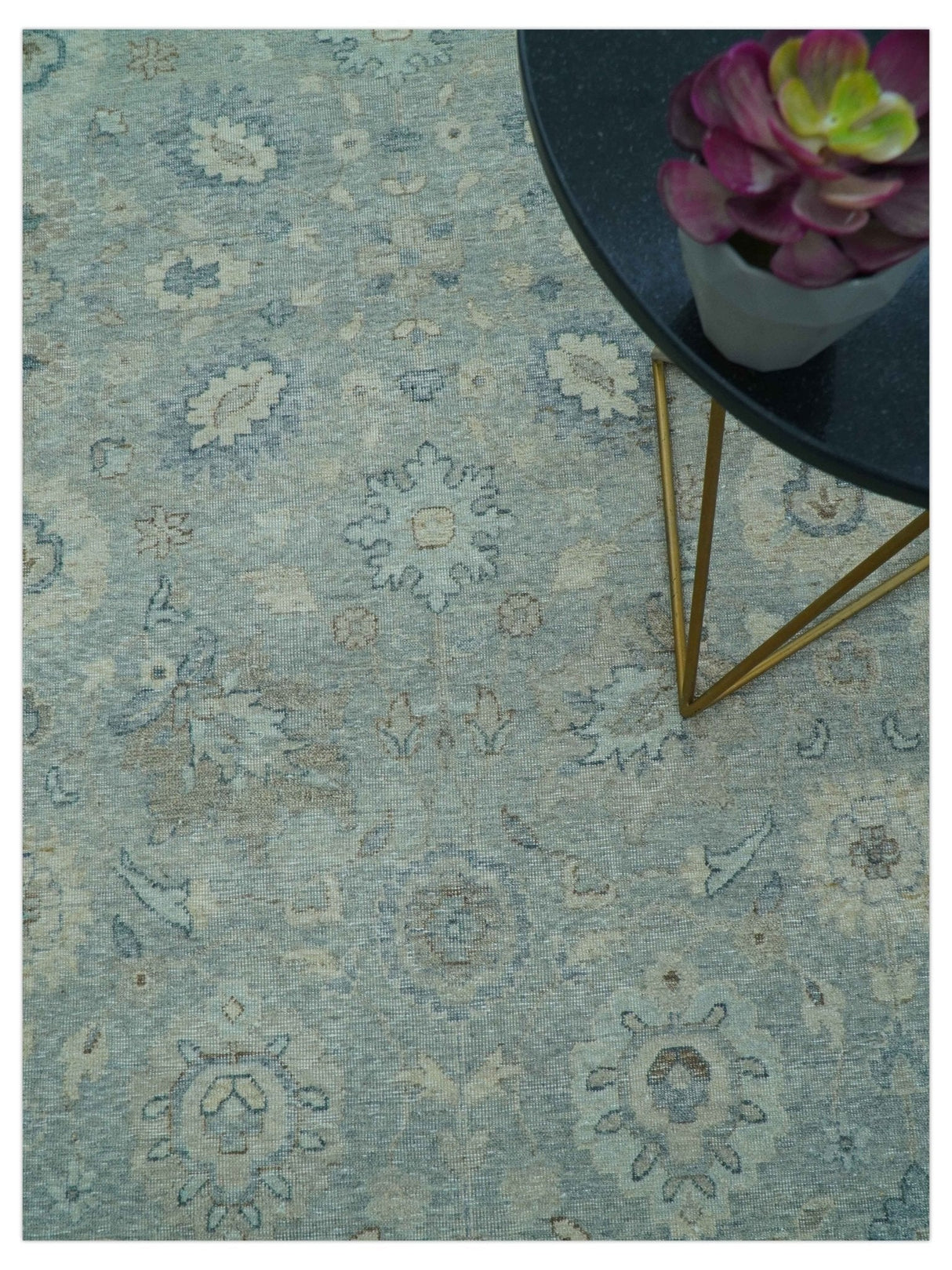 Hand Knotted Silver And Blue Traditional Distressed 10x14 Wool Area Rug