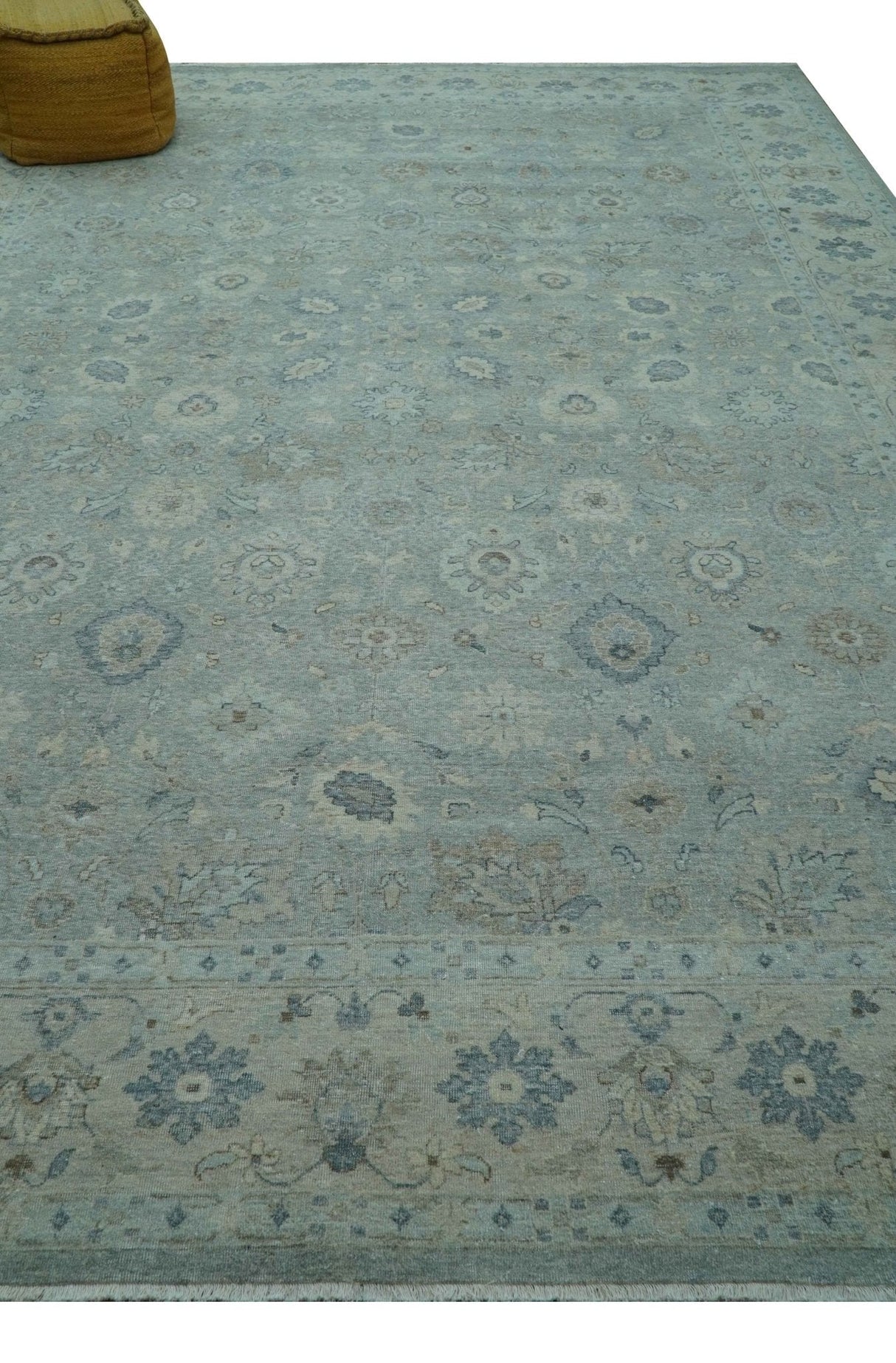 Hand Knotted Silver And Blue Traditional Distressed 10x14 Wool Area Rug
