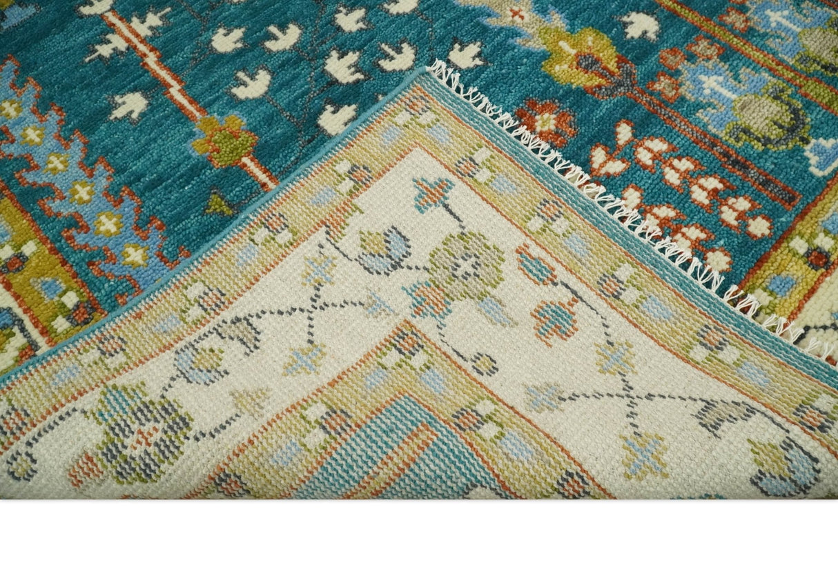 Hand Knotted Teal Blue and Ivory Tree of Life Traditional Vintage Style Wool Rug