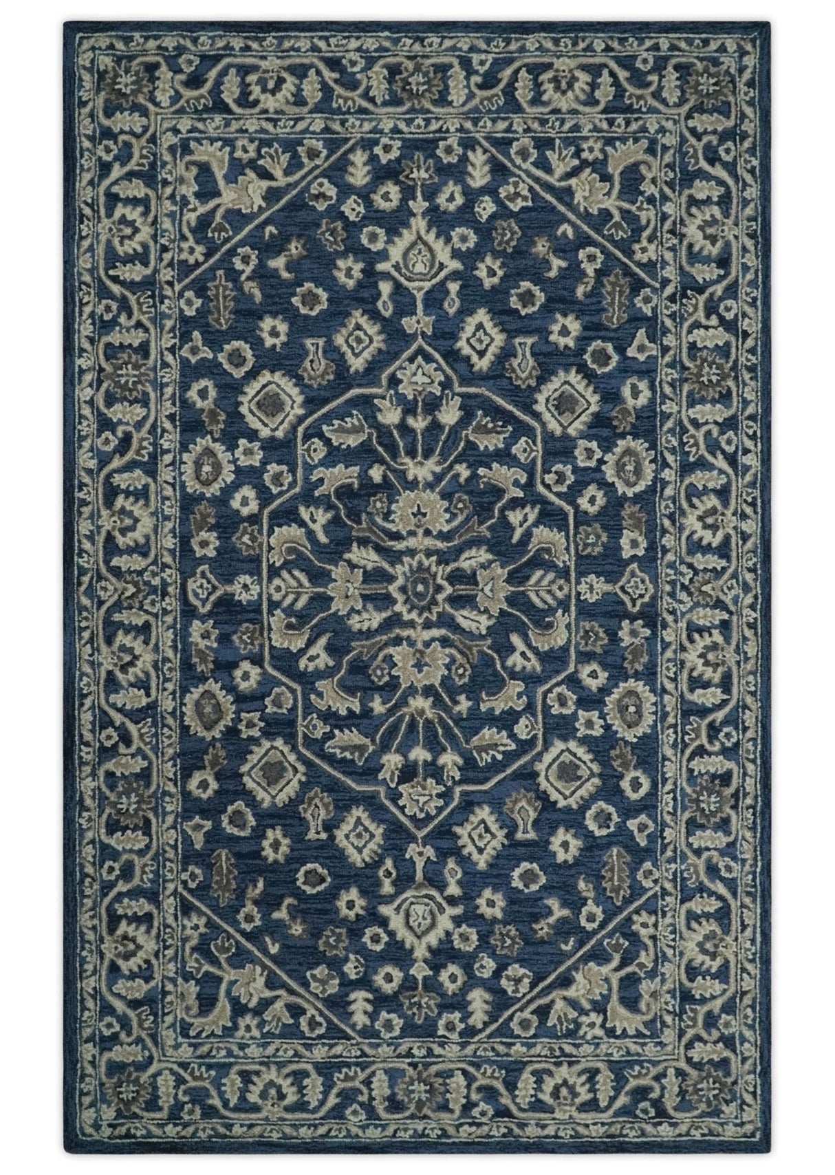 Hand Tufted Blue, Beige and Ivory 5x8 Heriz Serapi style Rug, Kids, Living Room and Bedroom Rug | TRD644158S