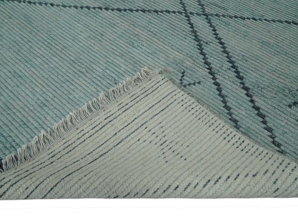 Custom Made Hand Woven Blue Abstract Trellis Moroccan Rug Made with Blended Wool