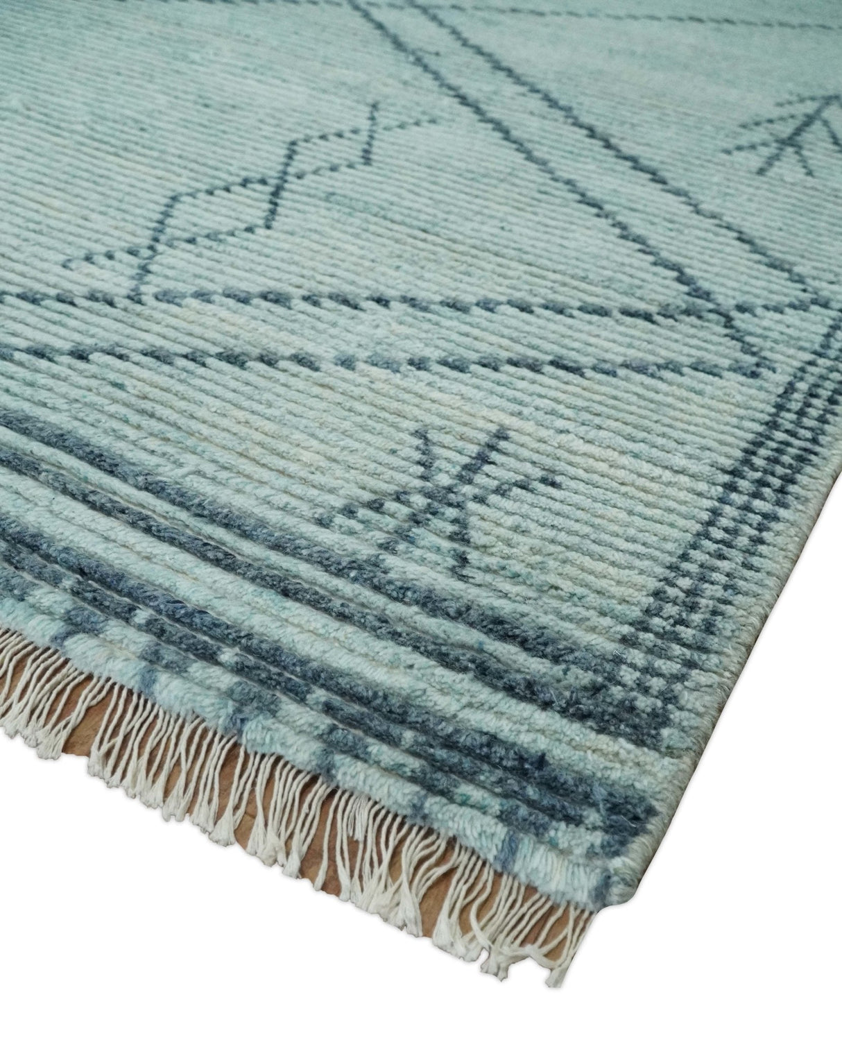 Custom Made Hand Woven Blue Abstract Trellis Moroccan Rug Made with Blended Wool