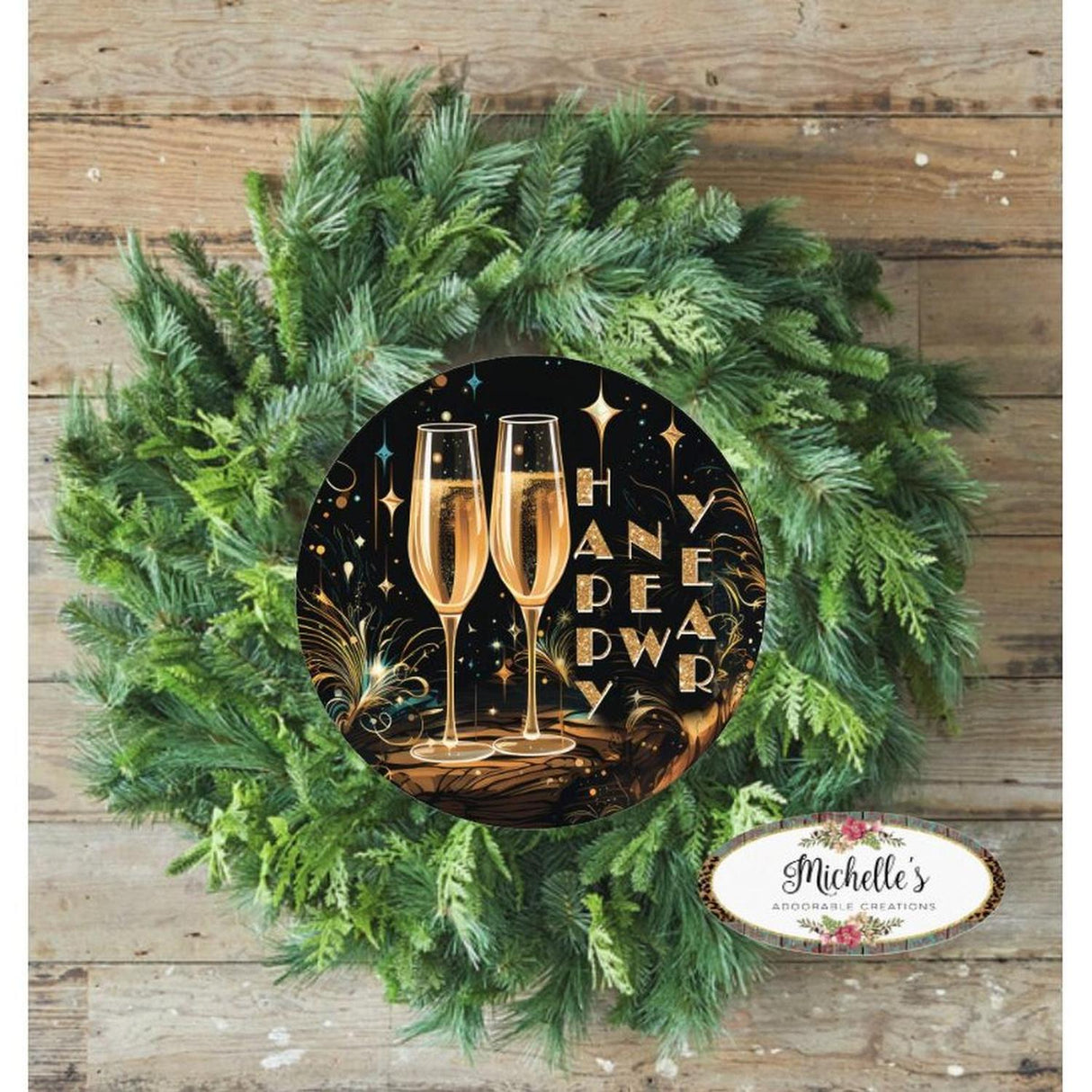 Happy New Year Champagne Glasses Sign - Wreath Enhancement