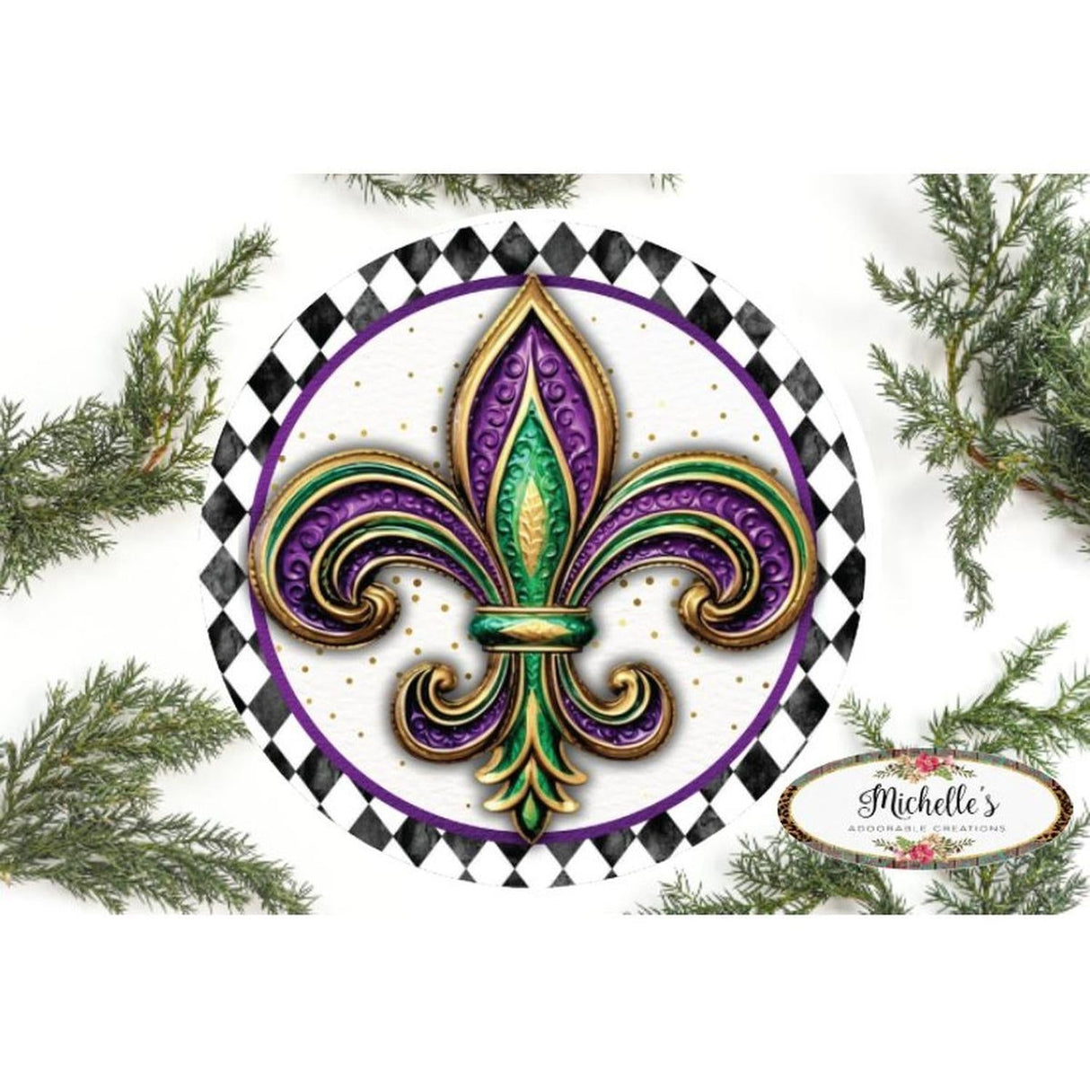 Harlequin Fleur Mardi Gras Round Sign - Wreath Enhancement