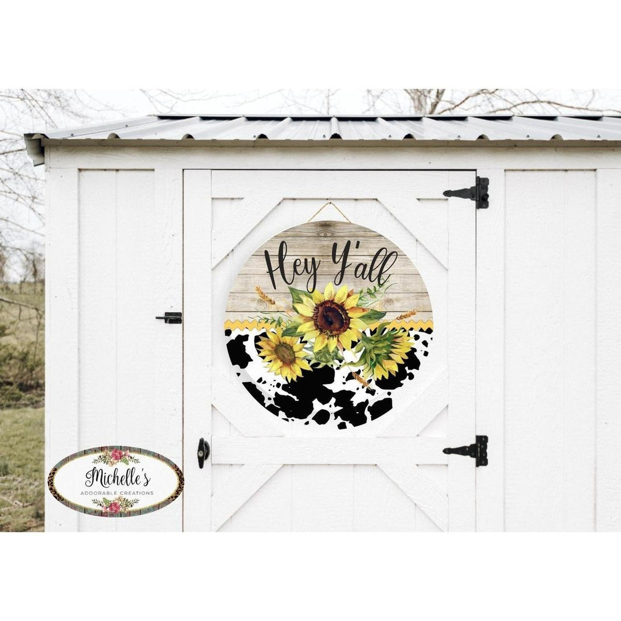 Hey Yall Cowhide Sunflower Sign