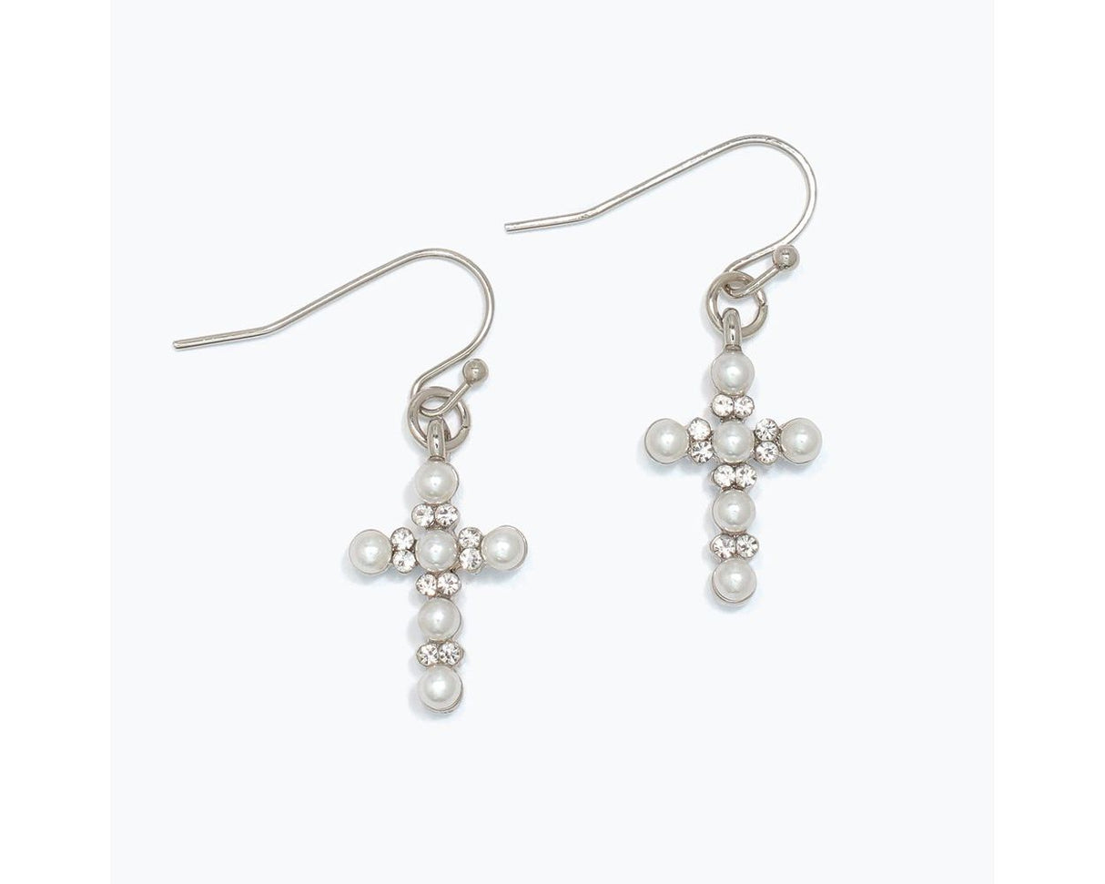 Pearl And Crystal Cross Earrings – Silver-Tone