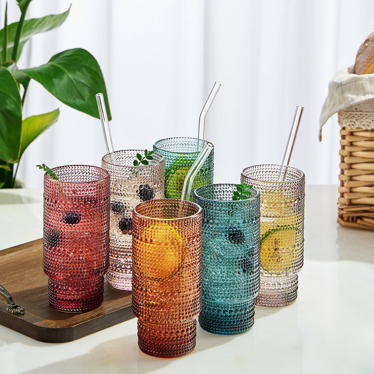 Tonal Collins Highball Glassware, Set of 6 with 6 Glass Straws & Cleaner