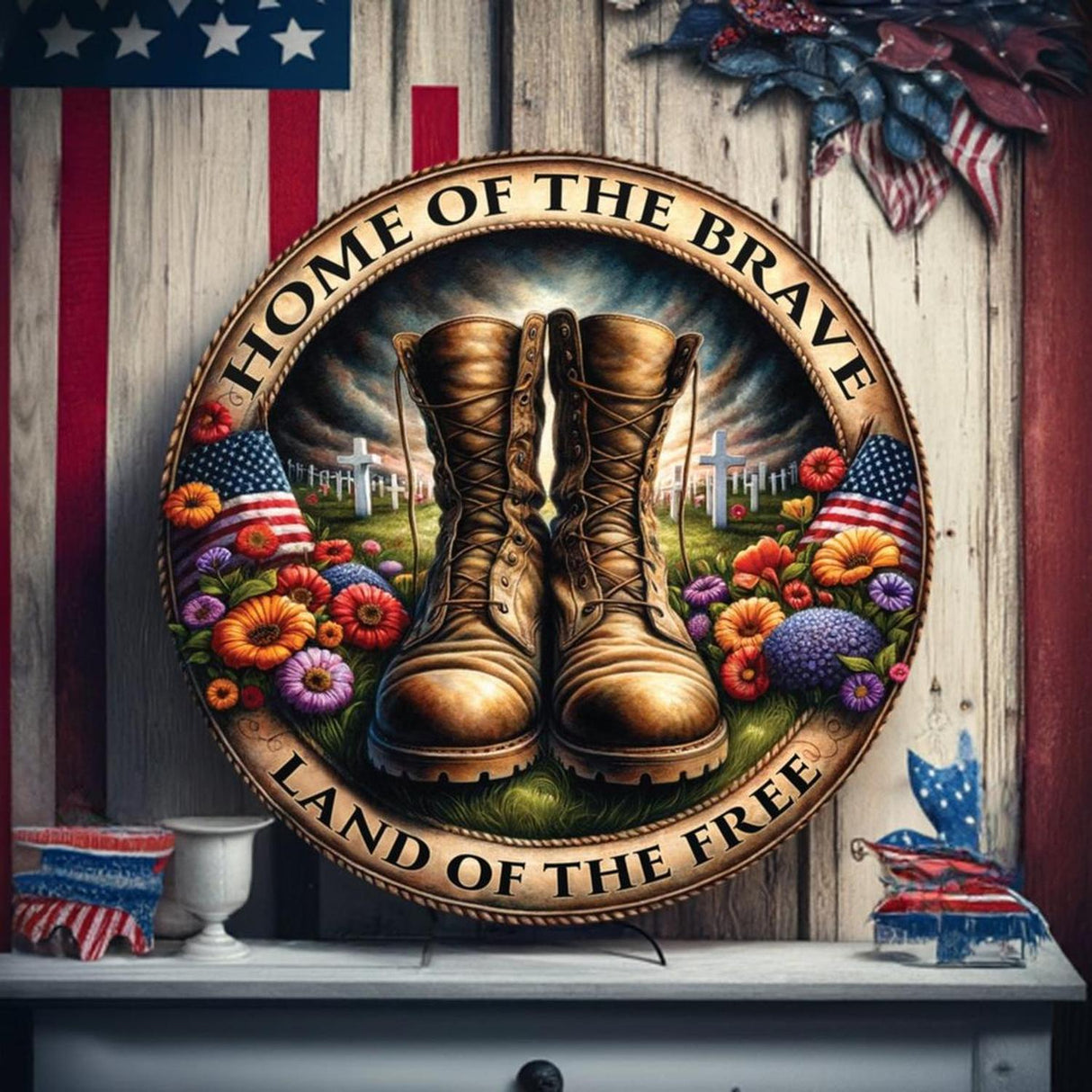 Home of The Brave Land Of Free Military Boots Sign