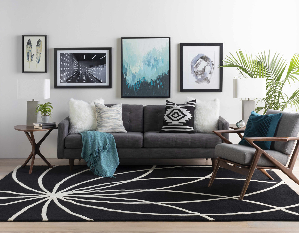 Davison Black Geometric Wool Carpet