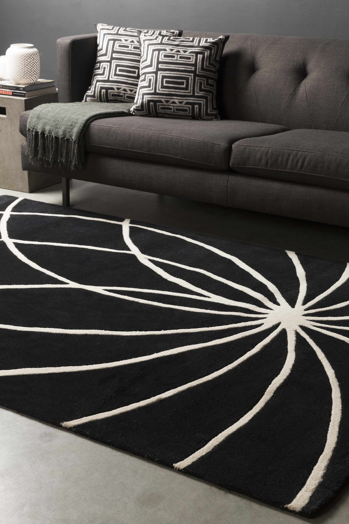 Davison Black Geometric Wool Carpet