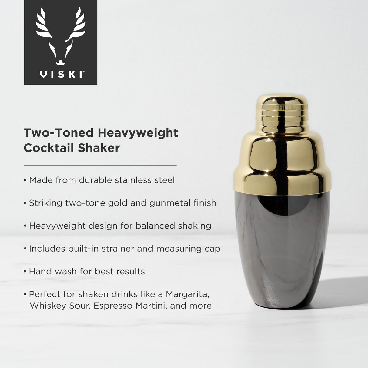 Deco heavyweight cocktail shaker in black & gold viski®