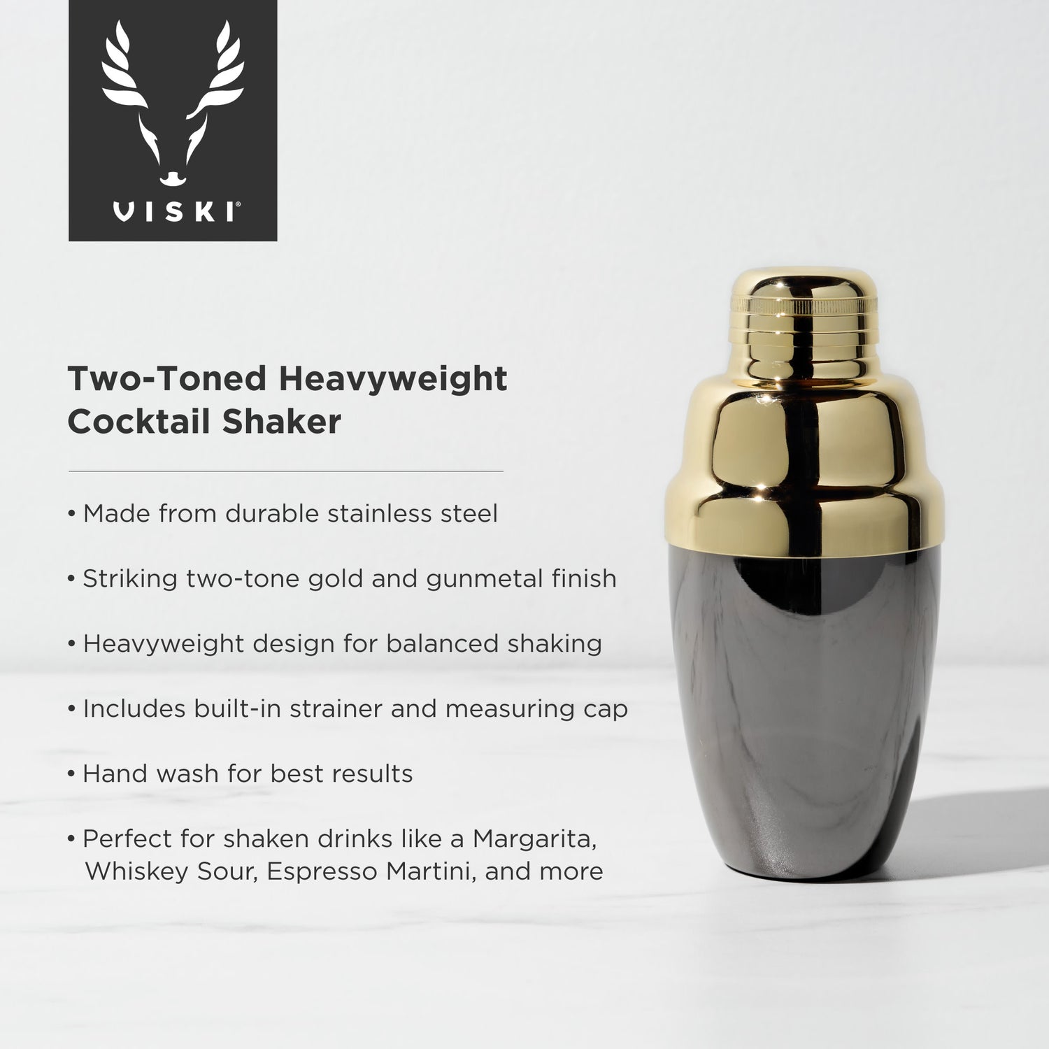 Deco heavyweight cocktail shaker in black & gold viski®