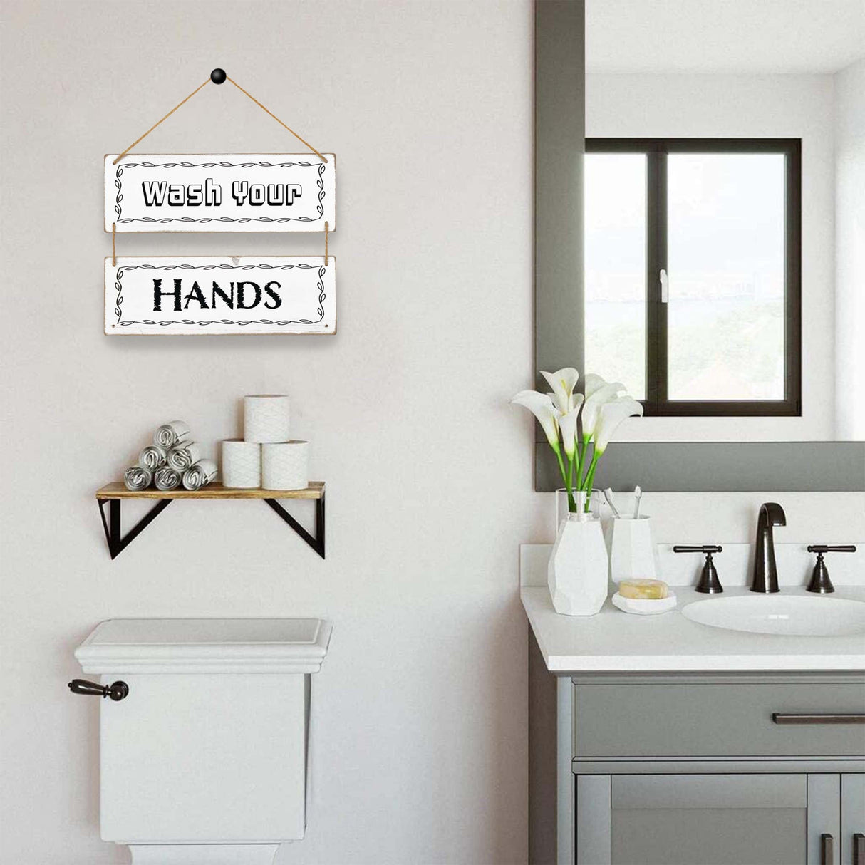 Wash Your Hands Wall Decor Sign, Reversible Farmhouse Sign for Living Romm/ Bathroom