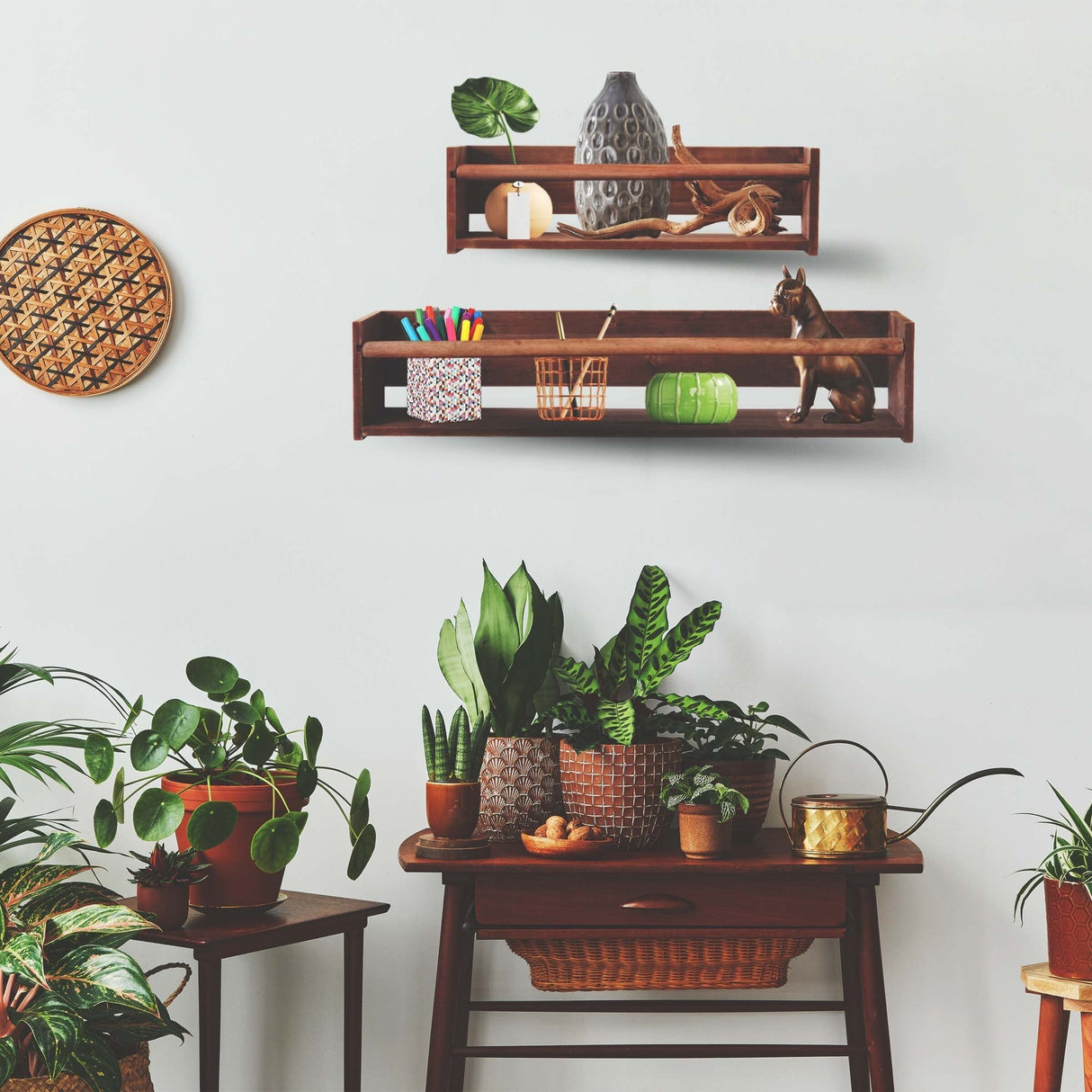 Wood Floating Wall Shelves Set of 2, Wall Shelves Organizer (Dark Stain)