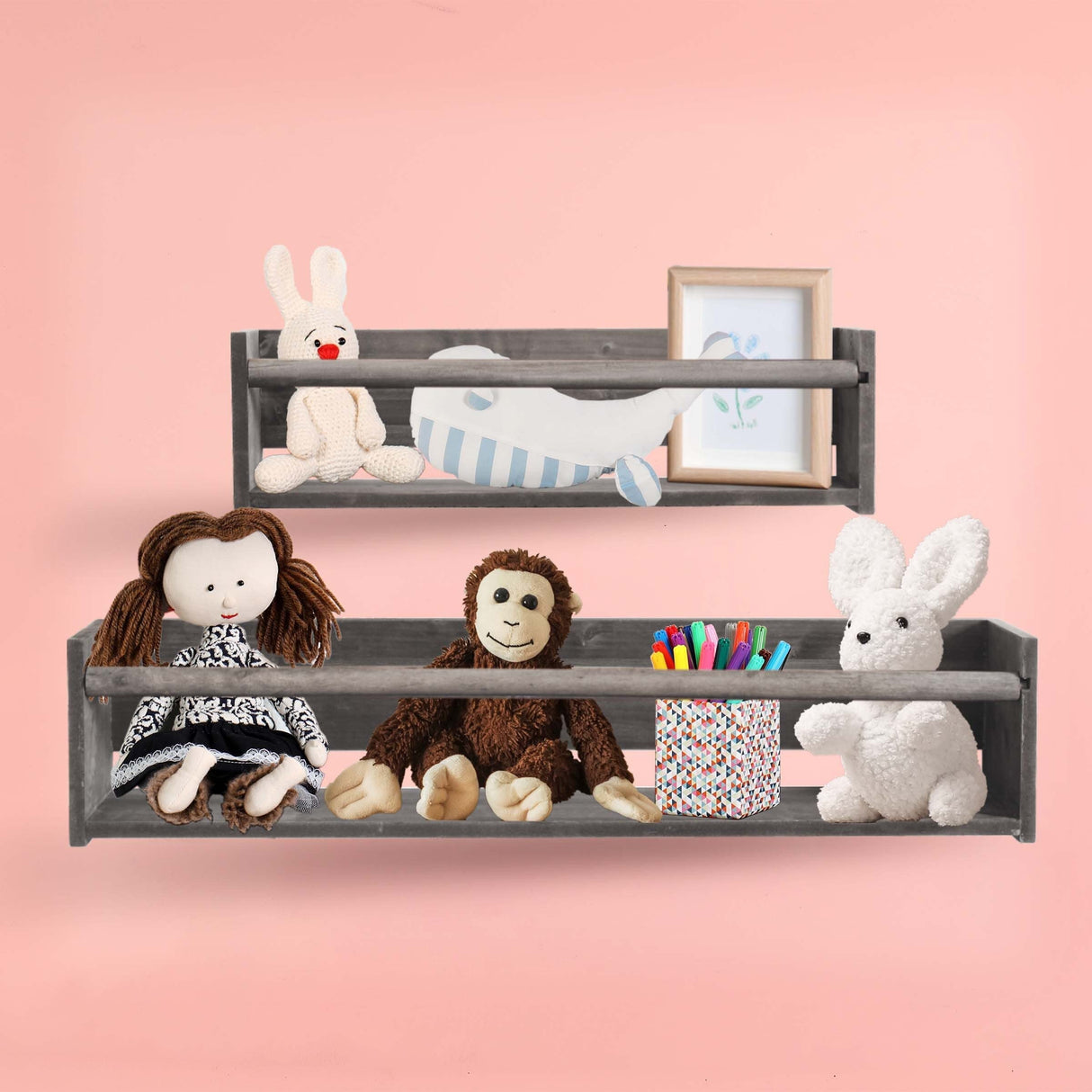 Wood Floating Wall Shelves Set of 2, Wall Shelves Organizer (Distressed Gray)