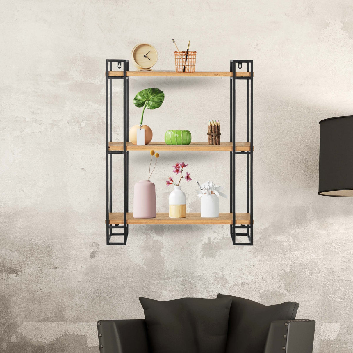 30H Wood and Black Metal Wall-Mount Display Shelf, Wall Shelves Organizer