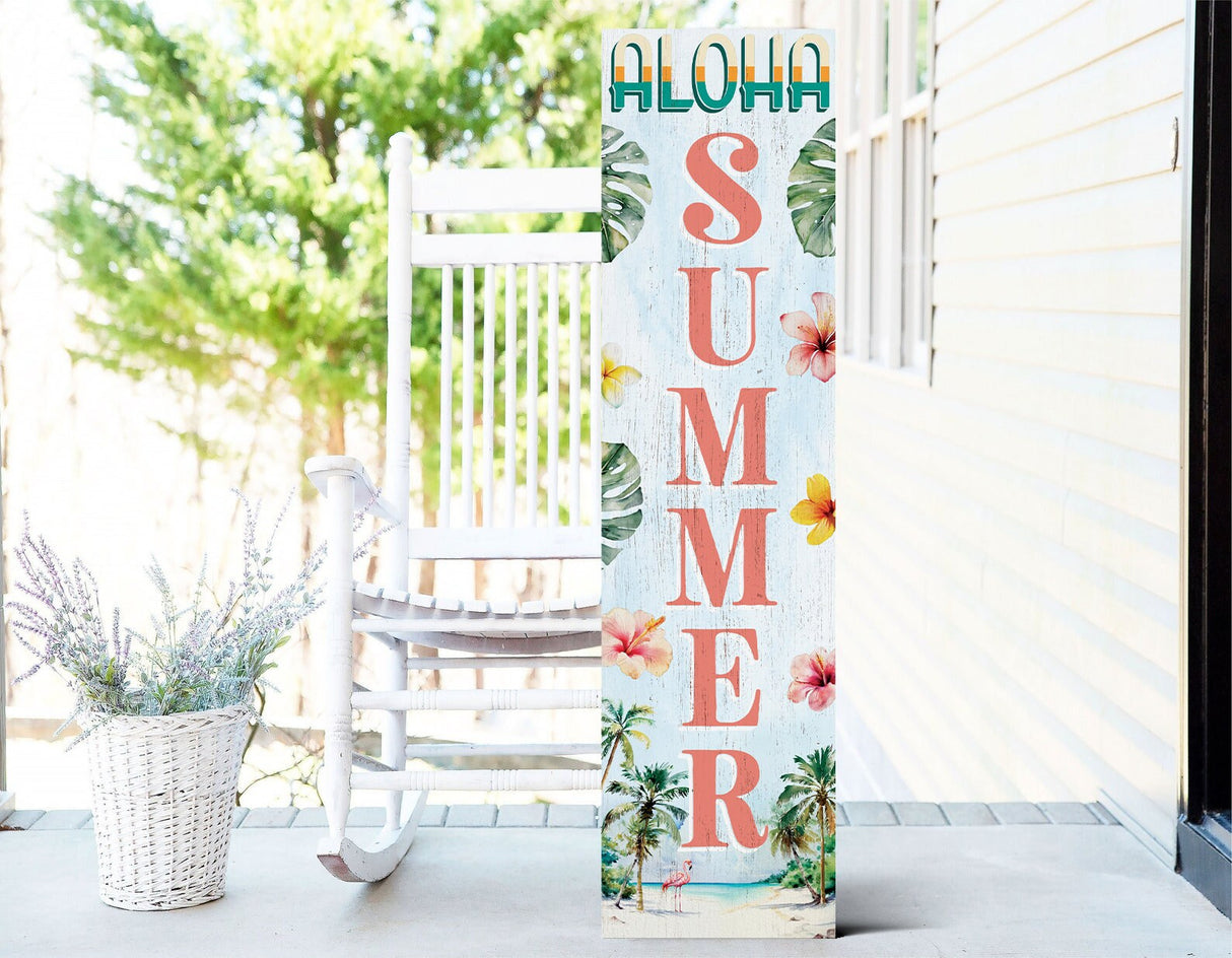 36in Aloha Summer Home Porch Sign, Tropical Style, 36" x 9.25" Wood Wall Decor for Outdoor & Indoor Use