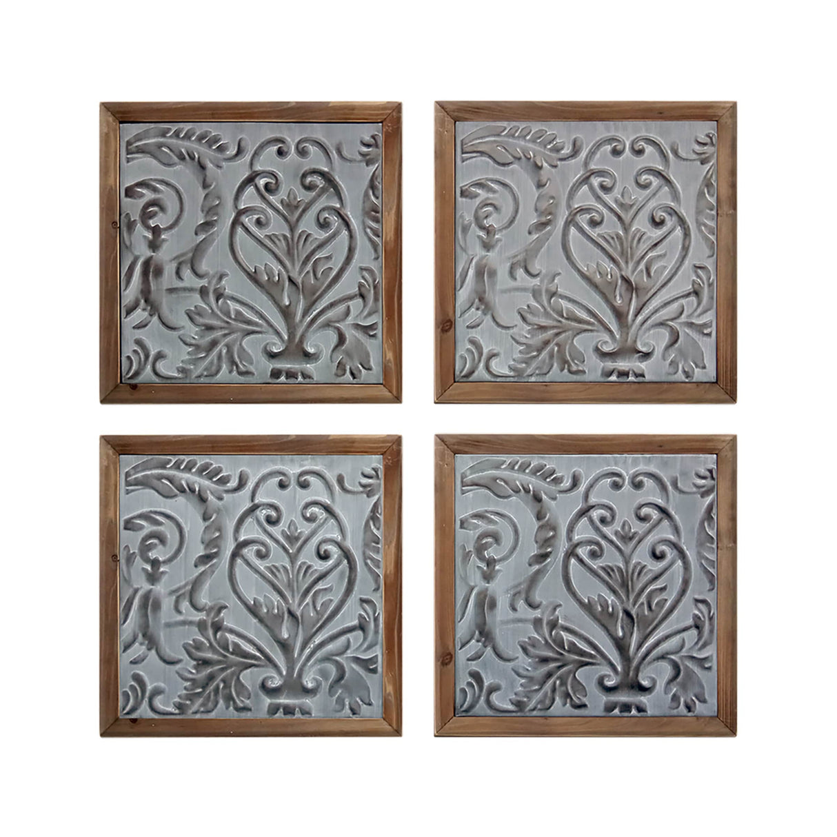 Elegant Framed Wood Plaques Set of 4 | Pressed Tin Wall Art in Warm Brown Tone | Home & Office Decor