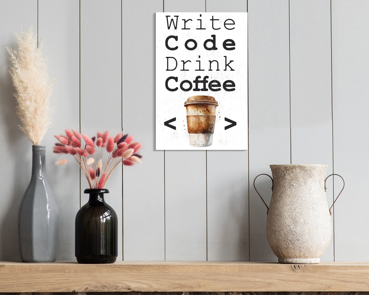 Write Code Drink Coffee - 7.5in x 5in Wooden Wall Decor Sign - Programmer's Motto for Home & Office, Perfect Gift for Developers