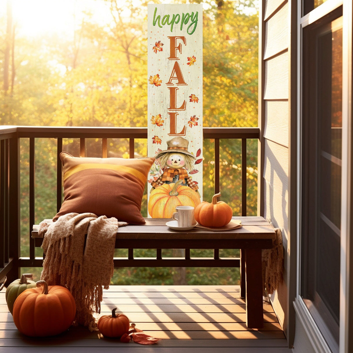Welcome Autumn: 36in 'Happy Fall' Wooden Porch Sign with Unique Scarecrow Design - Perfect Seasonal Decor for Your Front Door or Porch!