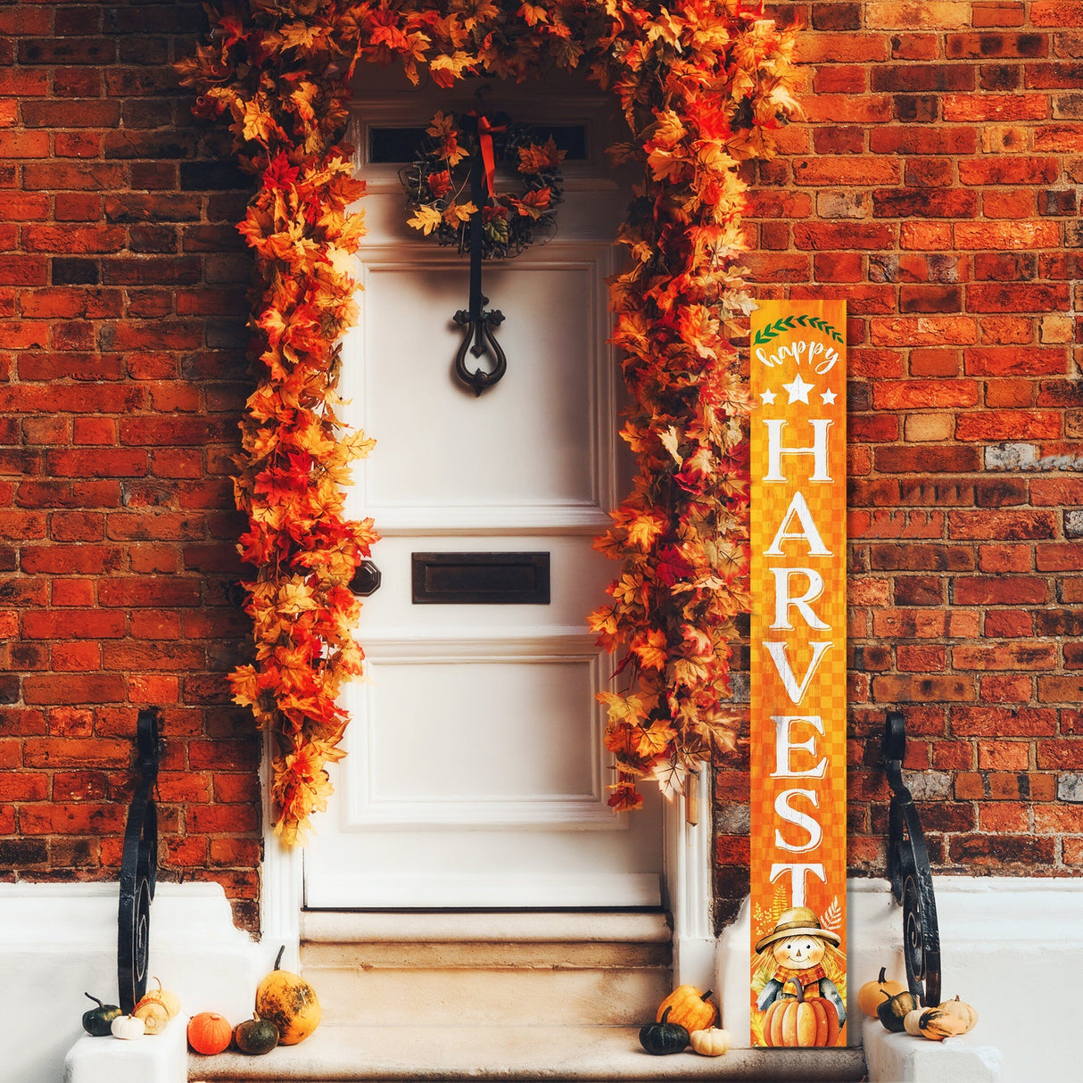 72In "Happy Harvest" Fall Porch Sign With Scarecrow Design - Porch Decor For Front Door During Autumn And Thanksgiving Celebrations