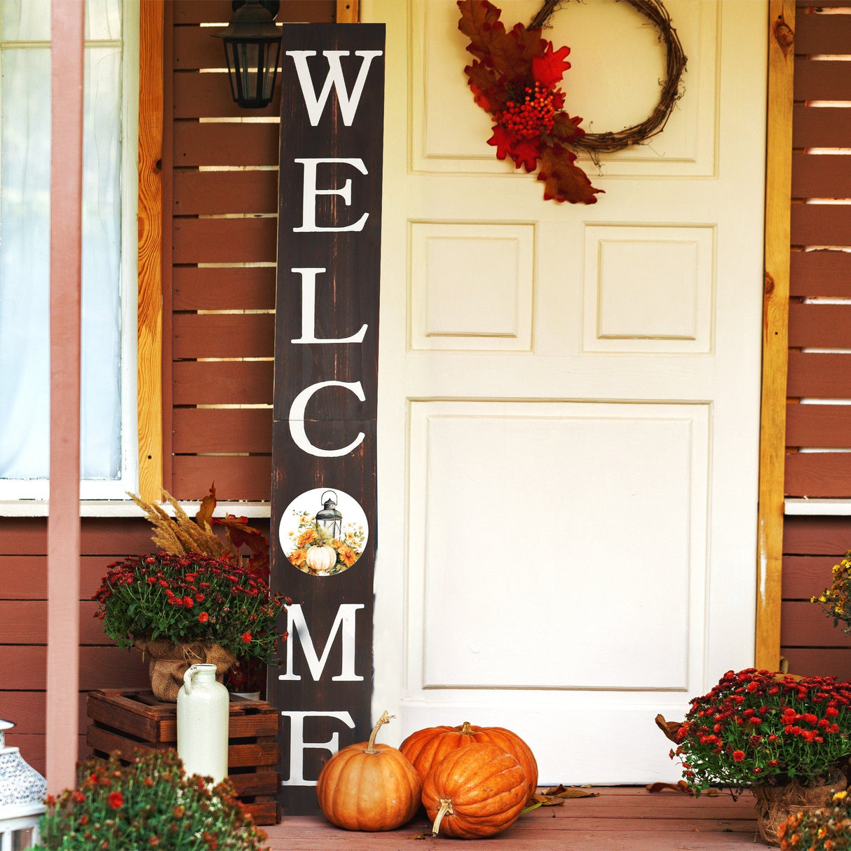 72in "Welcome" Fall Porch Sign with Lantern Design - Brown Porch Board Decor for Front Door during Autumn and Thanksgiving Celebrations