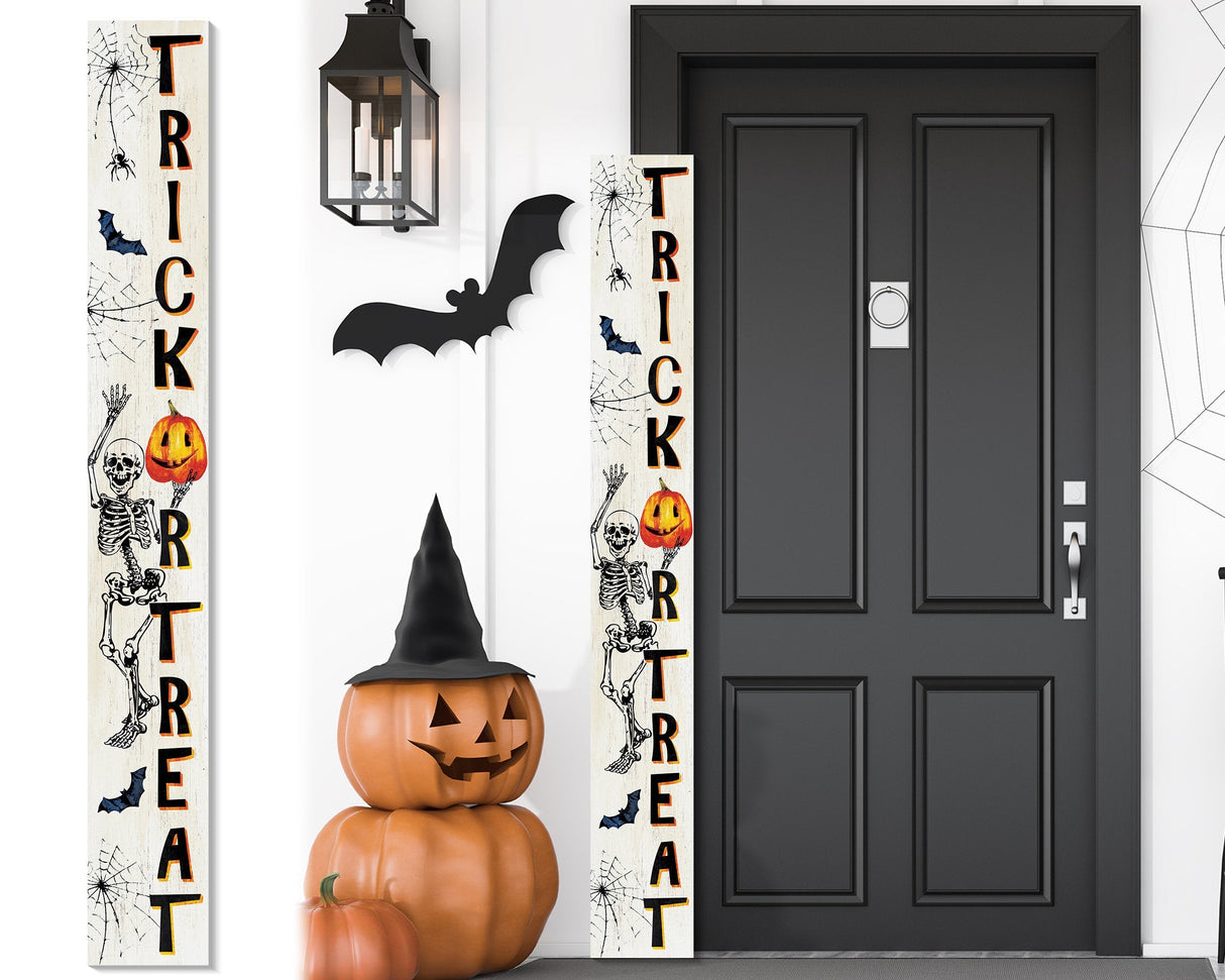 72-Inch Wooden "Trick or Treat" Skeleton Welcome Sign - Spooky Front Door Decoration Rustic Halloween Accessory for Porch, Entryway