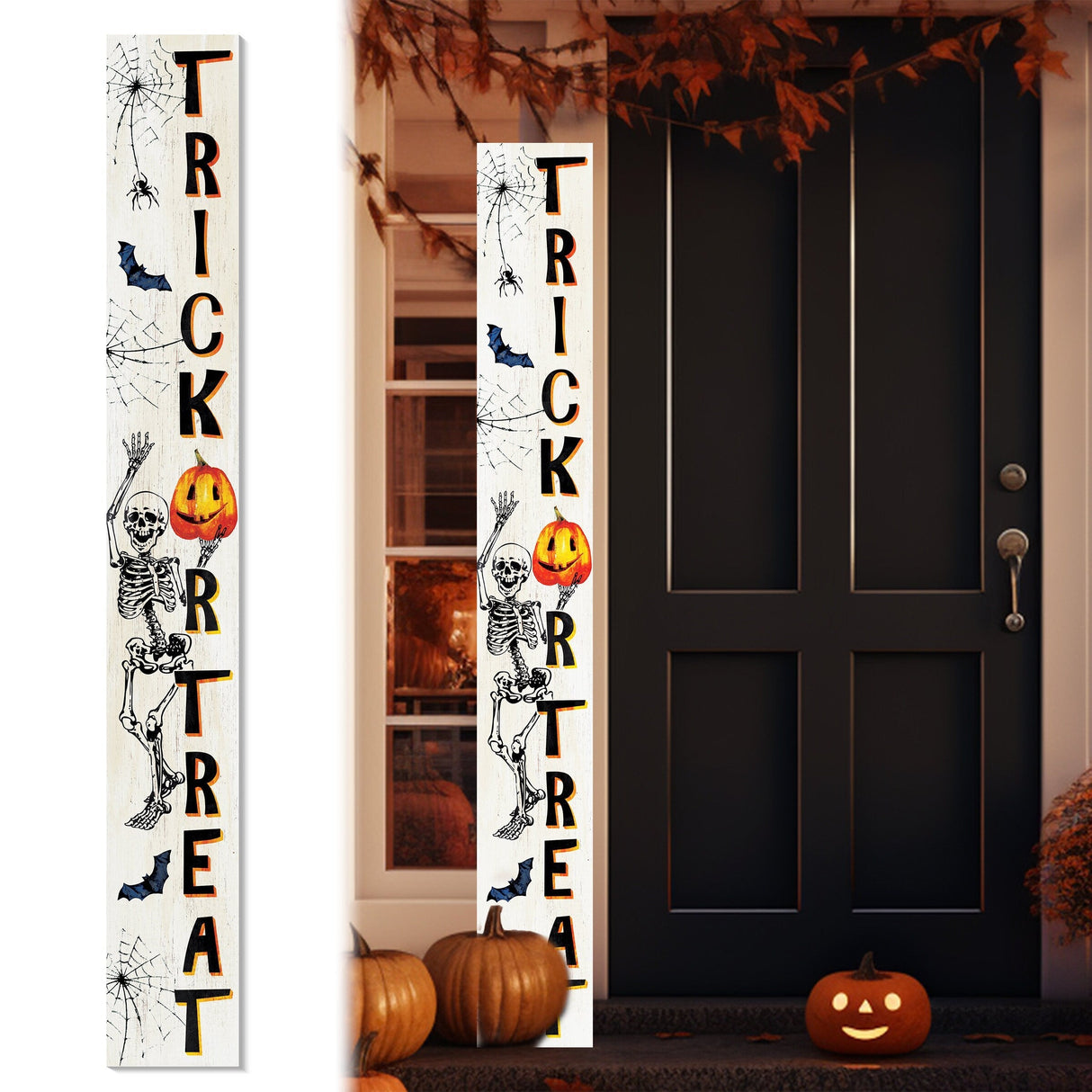 72-Inch Wooden "Trick or Treat" Skeleton Welcome Sign - Spooky Front Door Decoration Rustic Halloween Accessory for Porch, Entryway