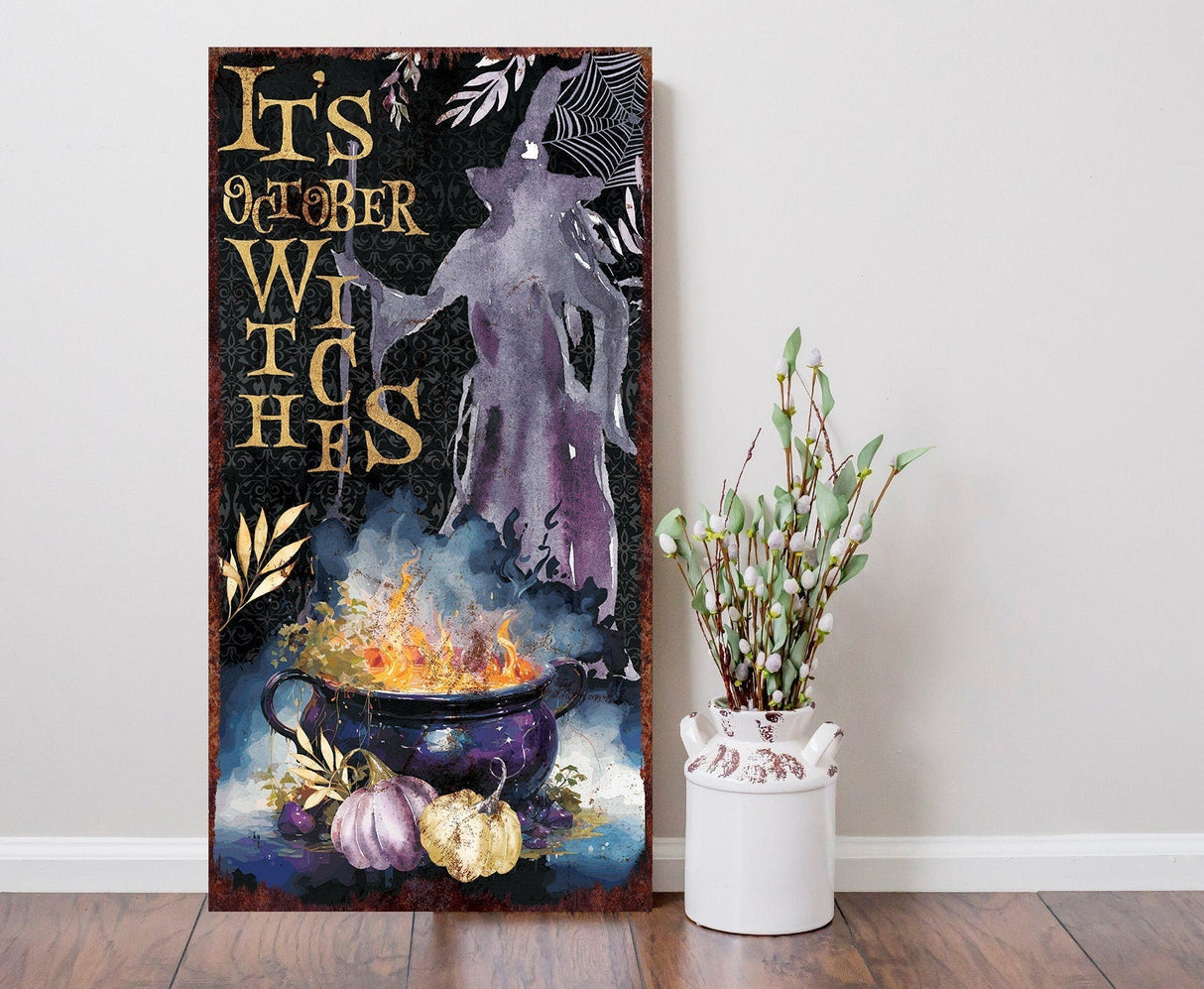 36in It's October Witches Halloween Porch Sign - Front Porch Halloween Welcome Sign, Rustic Modern Farmhouse Entryway Decor