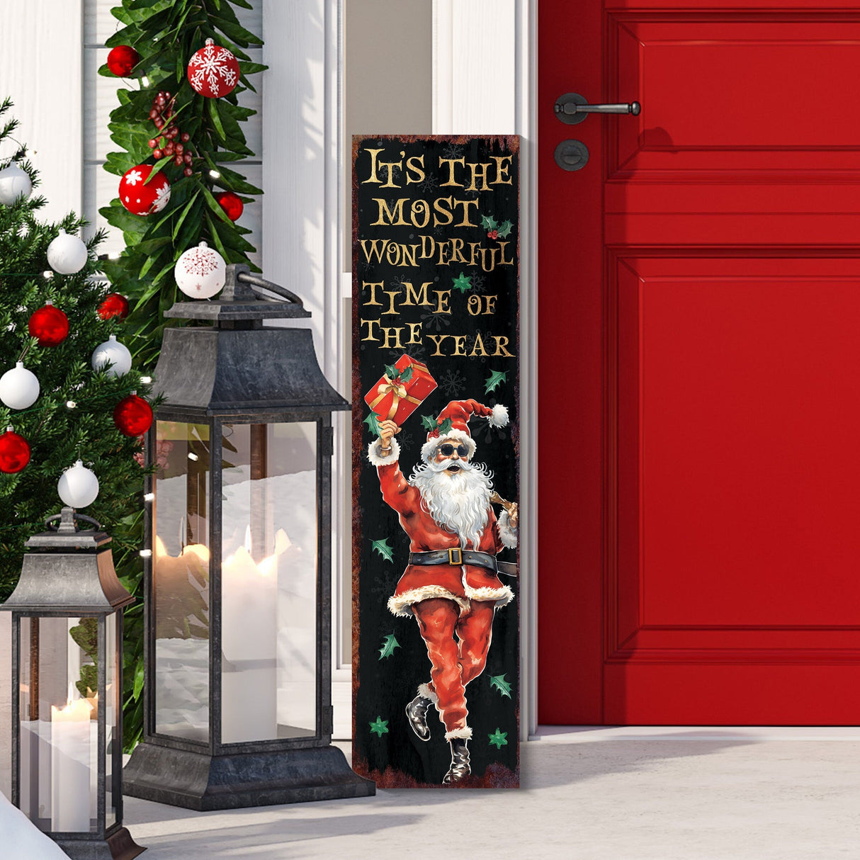 36in Dancing Santa Christmas Porch Sign - Front Porch Christmas Welcome Sign, Rustic Modern Farmhouse Entryway Board