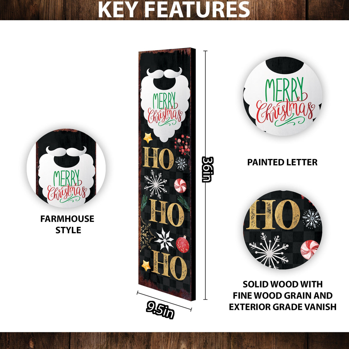 36-inch Ho Ho Ho Christmas Porch Sign - Front Porch Christmas Welcome Sign, Rustic Modern Farmhouse Entryway Board
