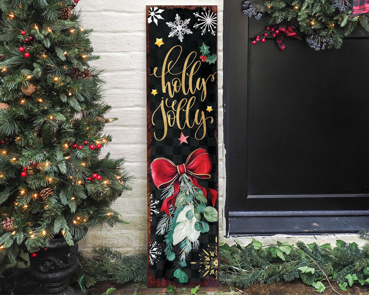 36in Holly Jolly Christmas Porch Sign - Front Porch Christmas Welcome Sign, Rustic Modern Farmhouse Entryway Board