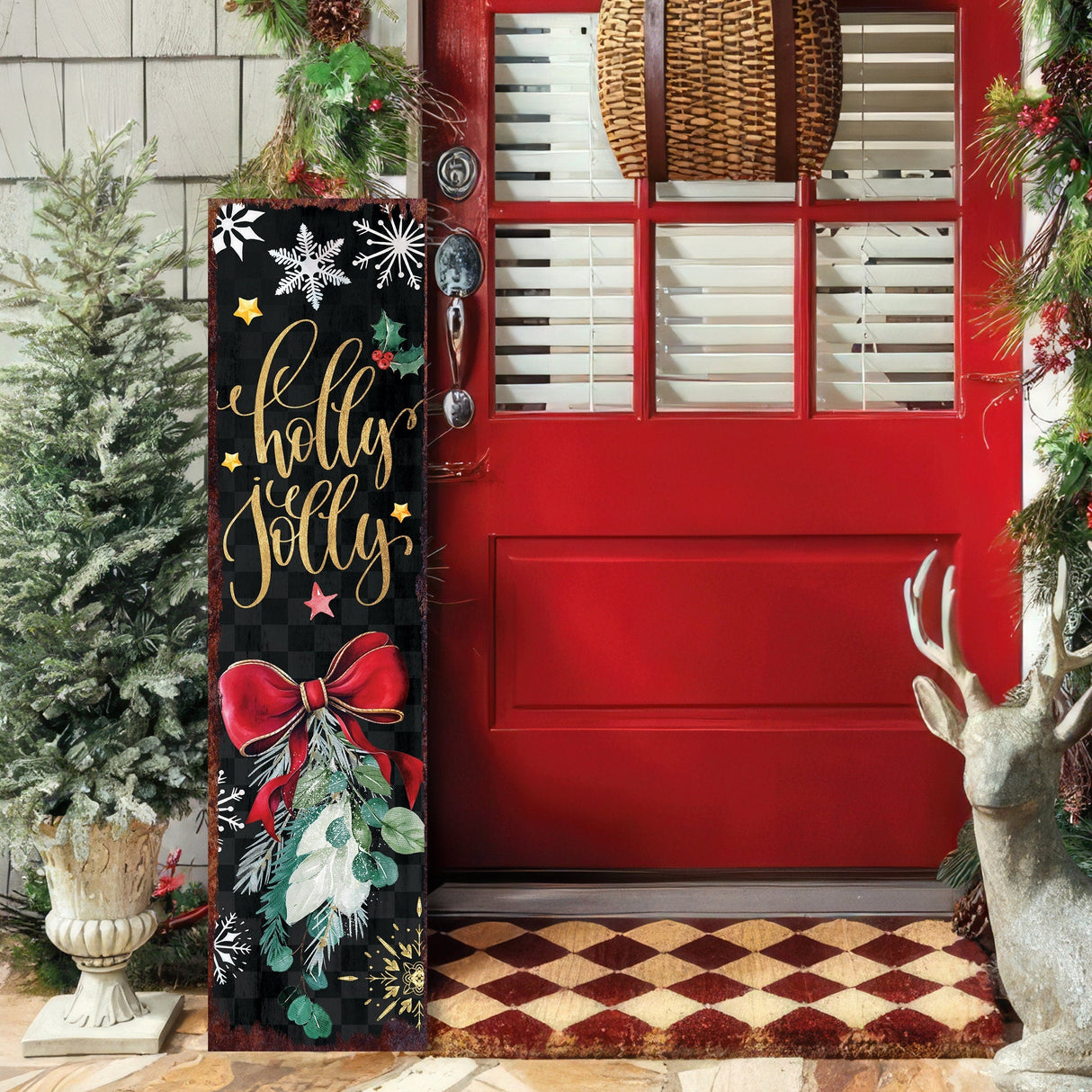 36in Holly Jolly Christmas Porch Sign - Front Porch Christmas Welcome Sign, Rustic Modern Farmhouse Entryway Board