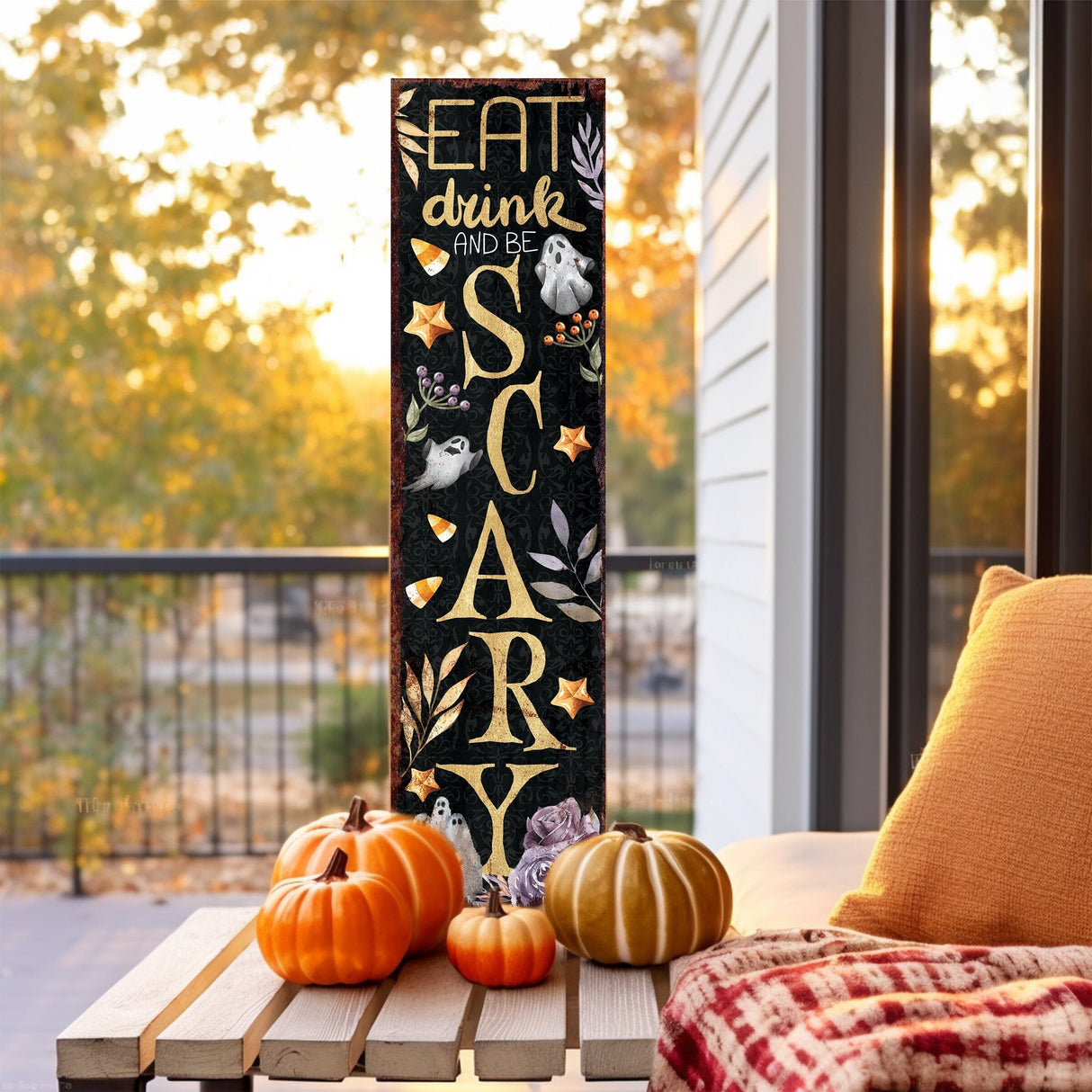 36in Eat, Drink, and Be Scary Halloween Porch Sign - Front Porch Halloween Welcome Sign, Rustic Modern Farmhouse Entryway Board