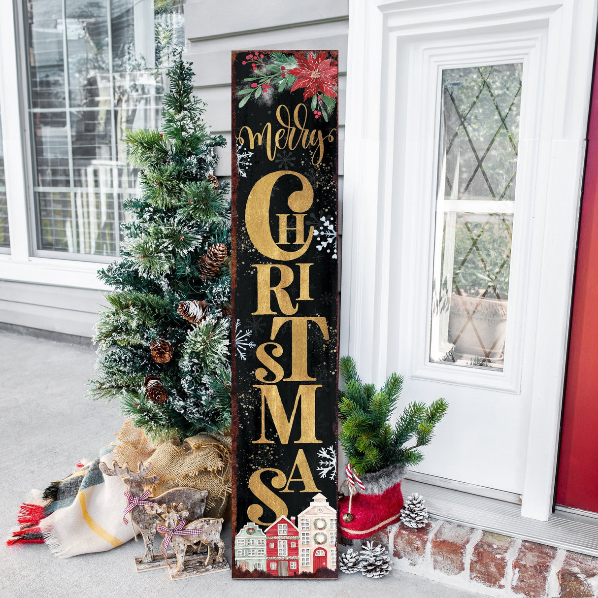 48in Merry Christmas Porch Sign - Front Porch Christmas Welcome Sign, Rustic Modern Farmhouse Entryway Board