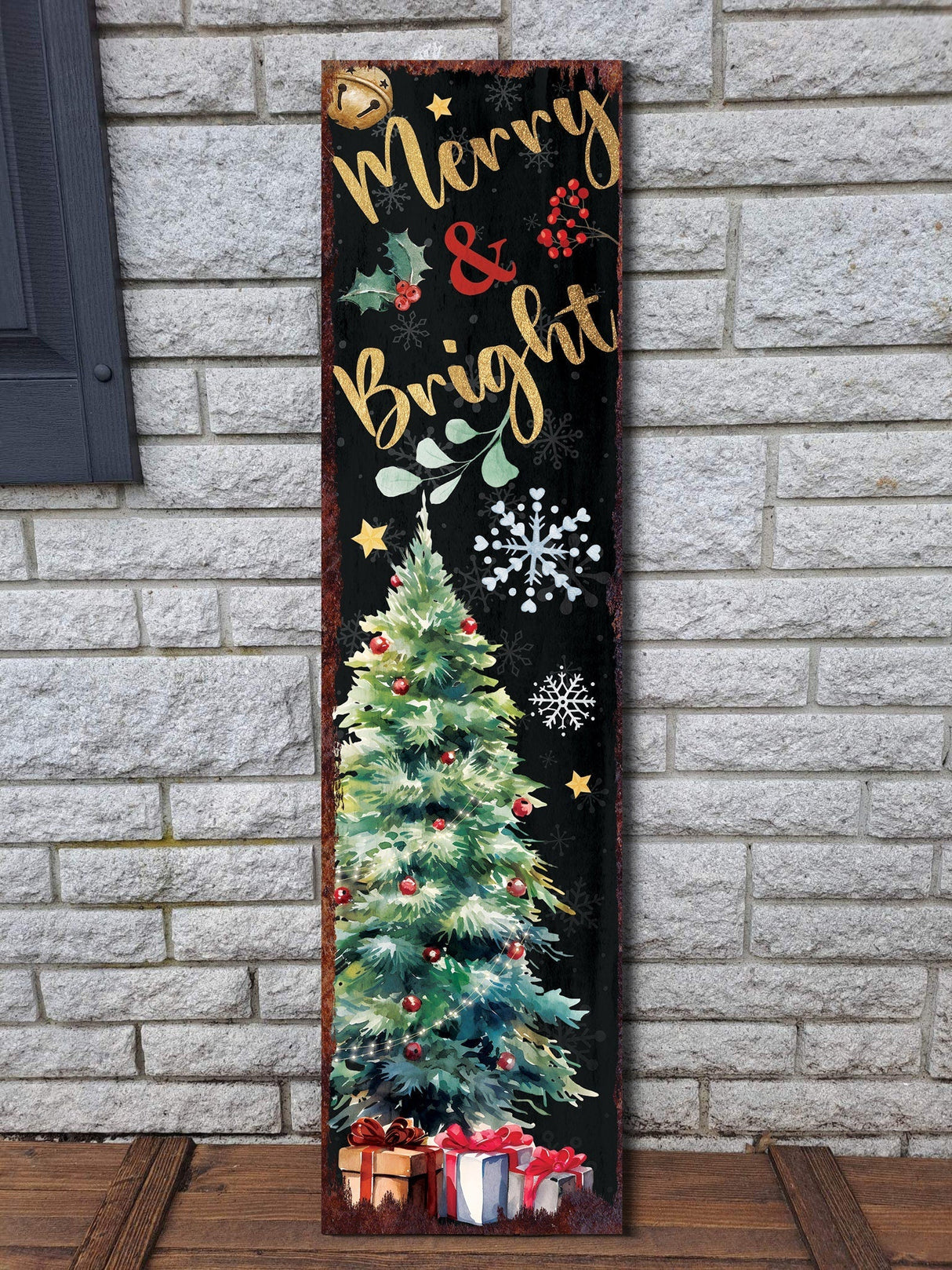 36in Merry & Bright Christmas Porch Sign - Front Porch Christmas Welcome Sign, Modern Farmhouse Entryway Board