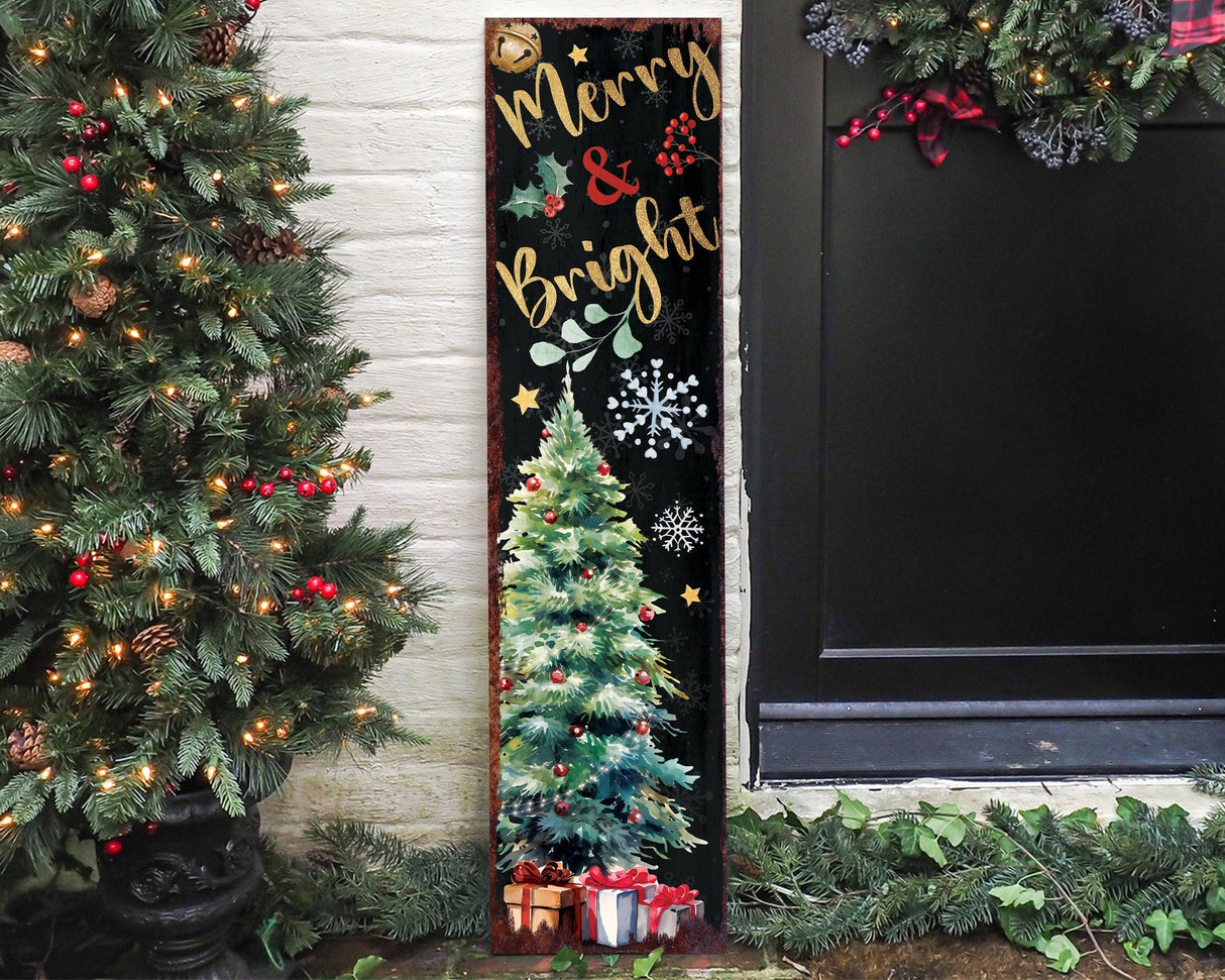36in Merry & Bright Christmas Porch Sign - Front Porch Christmas Welcome Sign, Modern Farmhouse Entryway Board