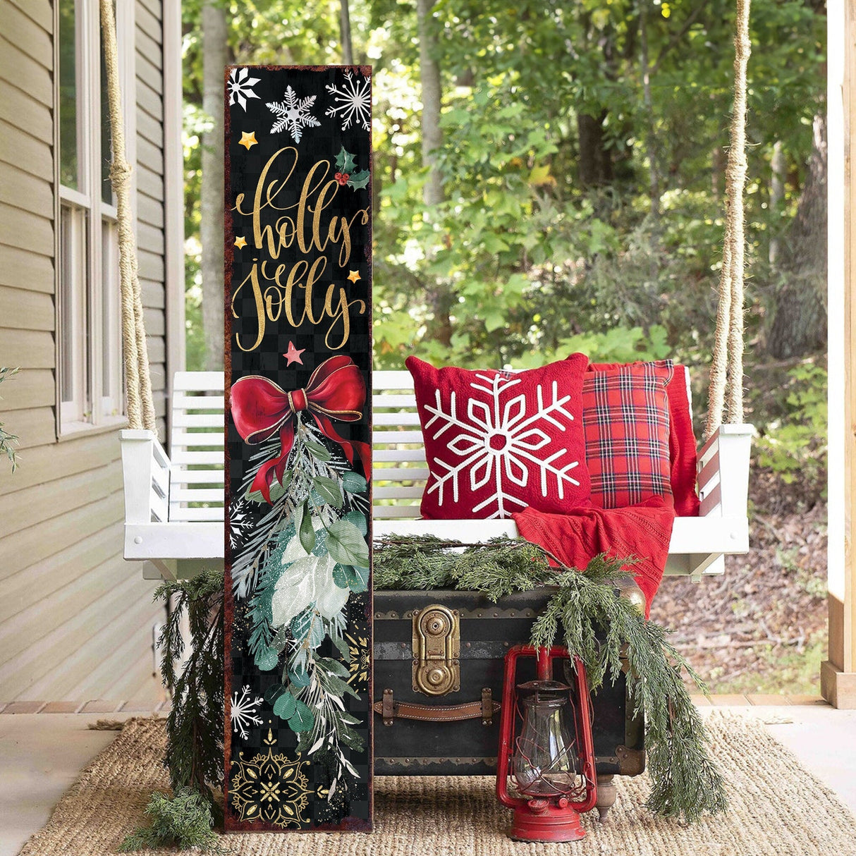 48in Holly Jolly Christmas Porch Sign - Front Porch Christmas Decor Welcome Sign, Rustic Modern Farmhouse Entryway Board