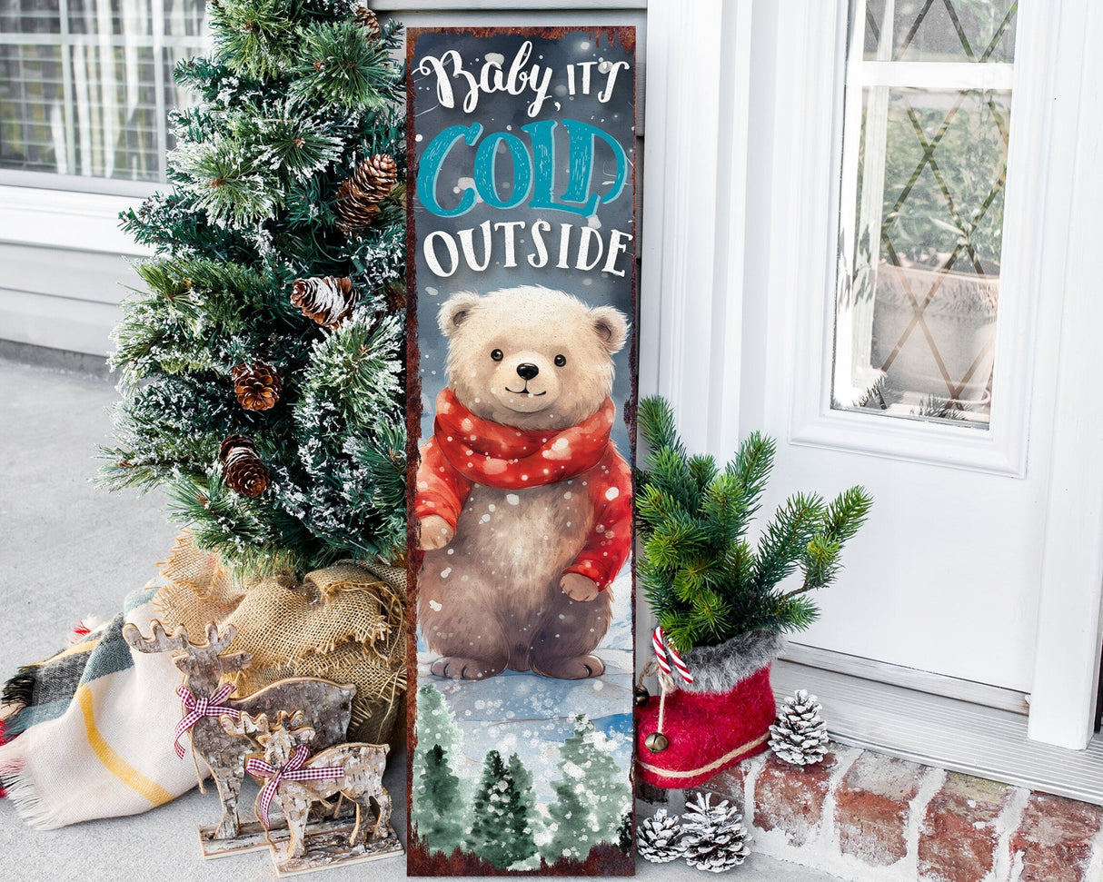 Celebrate Christmas with a 36in Baby Bear Merry Christmas Wooden Porch Sign - Front Porch Welcome & Christmas Wall Decor for Outdoor Indoor