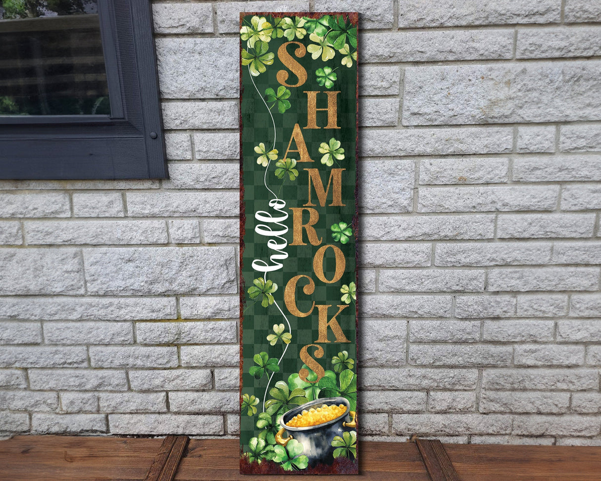Hello Shamrocks St. Patrick’s Day Porch Sign Entryway Decor | UV Print | Front Porch Plaque | Seasonal Home Decor | 3 Sizes