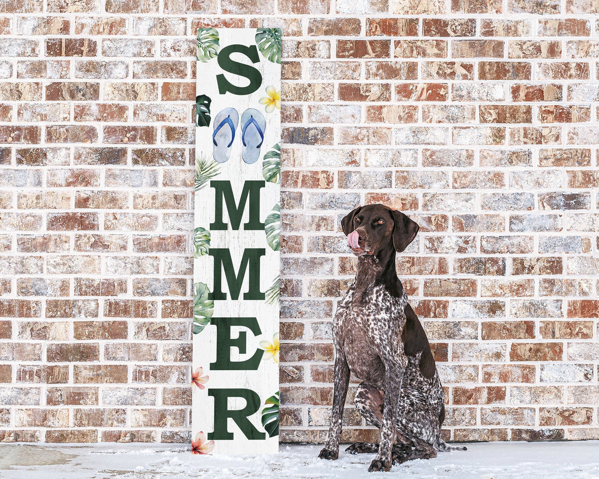 48in Tropical Summer Porch Sign with Palm Leaf & Slippers Pattern for Front Door, Wooden 48-inch Beach-Themed Entryway Decor