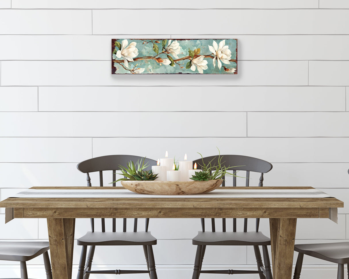 32in Spring Magnolia Wall Sign - Oil Paint Style White Magnolia on Light Blue Background, Perfect for Entryway, Front Door, Porch Home Decor