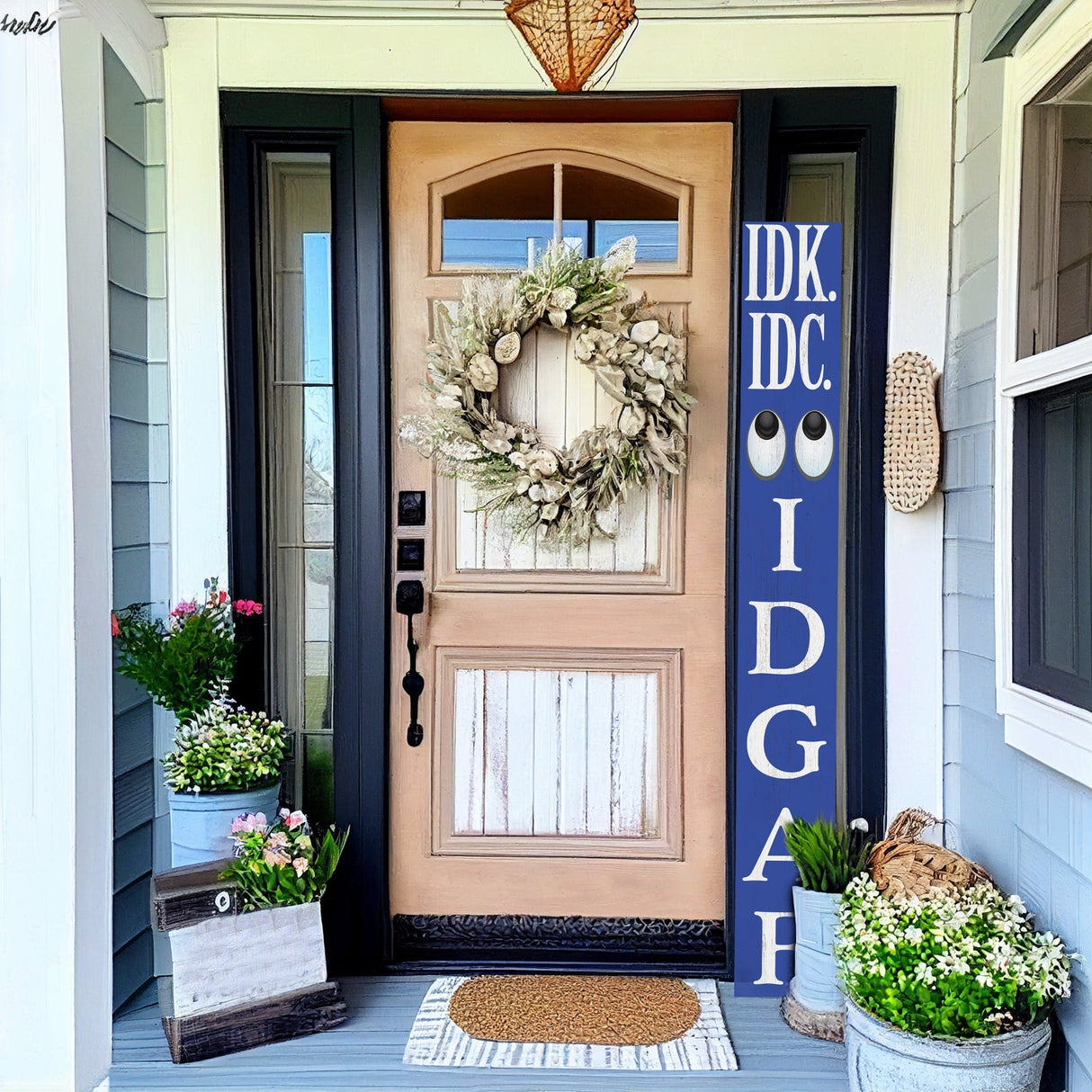 72-Inch Everyday IDK IDC IDGAF Porch Sign | Funny & Humorous Wood Sign | Ideal for Farmhouse Outdoor Entryway, Front Door Wall | Navy