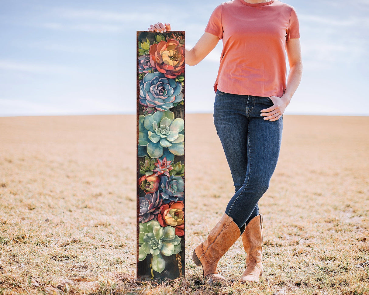 48-Inch Spring Porch Sign with Succulent Design | Front Door Porch Decor, Rustic Farmhouse Outdoor Entryway Display Board