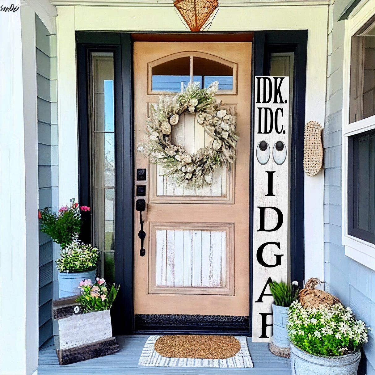 72-Inch Everyday IDK IDC IDGAF Porch Sign | Funny & Humorous Wood Sign | Ideal for Farmhouse Outdoor Entryway, Front Door Wall | White
