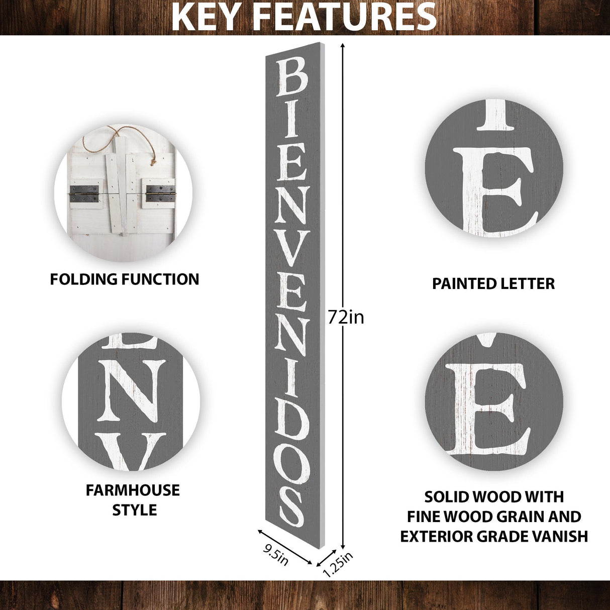72in Gray Bienvenido Porch Sign - UV Protected, Sealed, Foldable, Portable - Perfect for Front Door and Entryway Decor